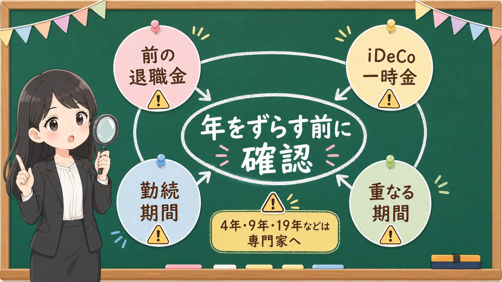 せかい先生が年をずらす前に前の退職金、iDeCo一時金、勤続期間、重なる期間を確認する黒板図解