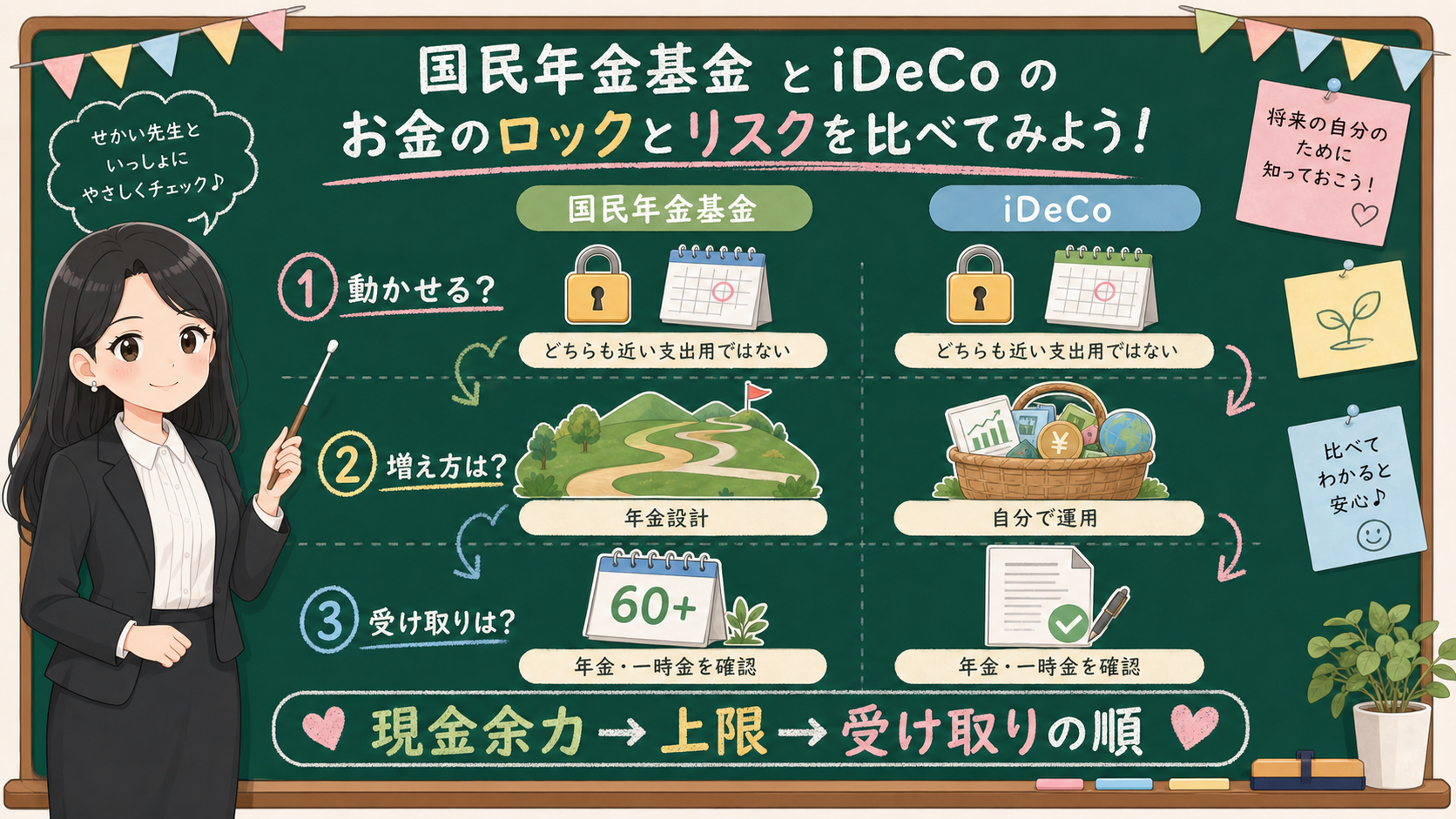 せかい先生が黒板で国民年金基金とiDeCoの資金拘束、増え方、受け取りを説明する図解