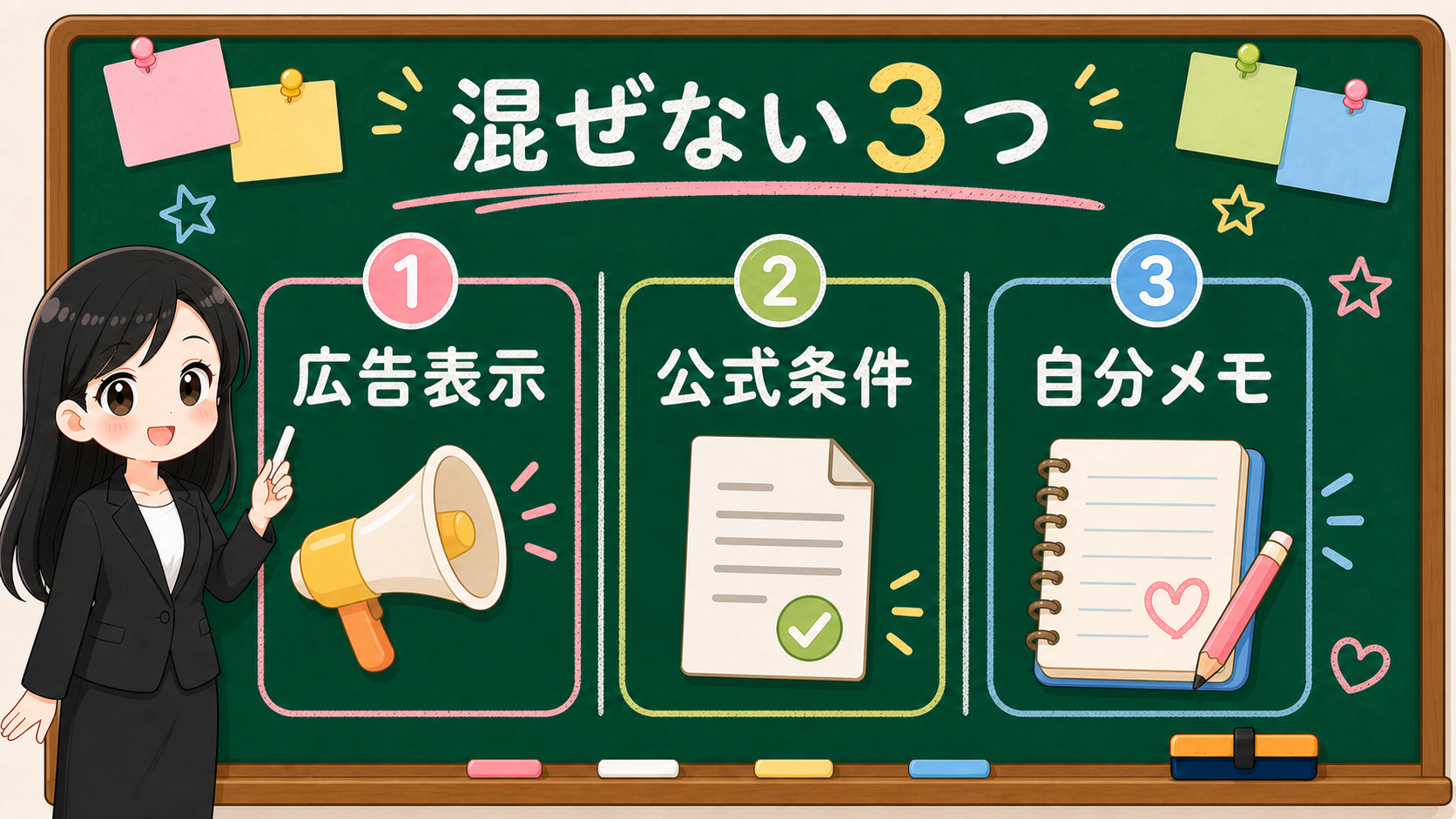 せかい先生が広告表示、公式条件、自分メモを3つの棚に分ける黒板図解