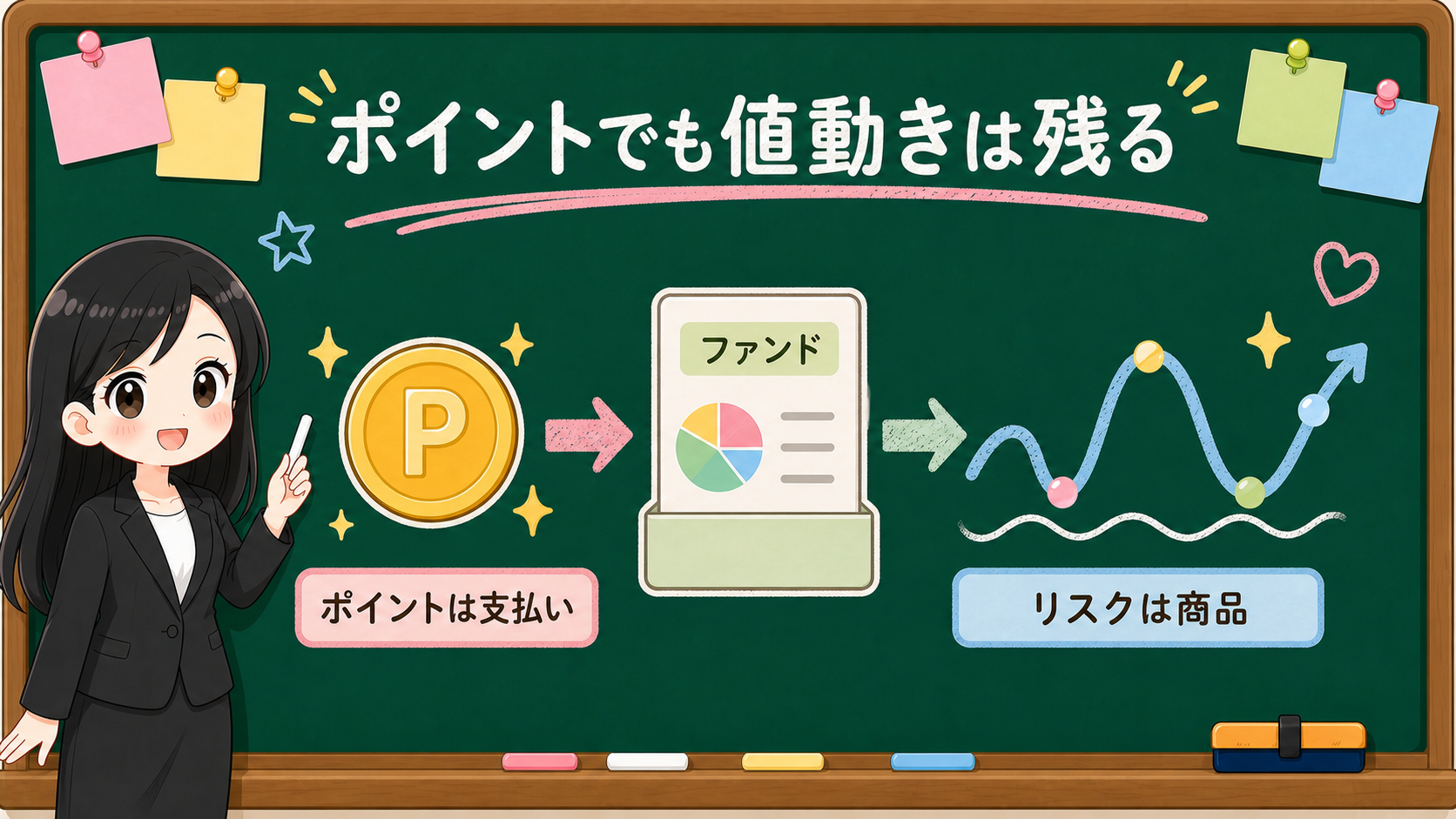 せかい先生がポイントは支払いでリスクは商品に残ることを波線で示す黒板図解
