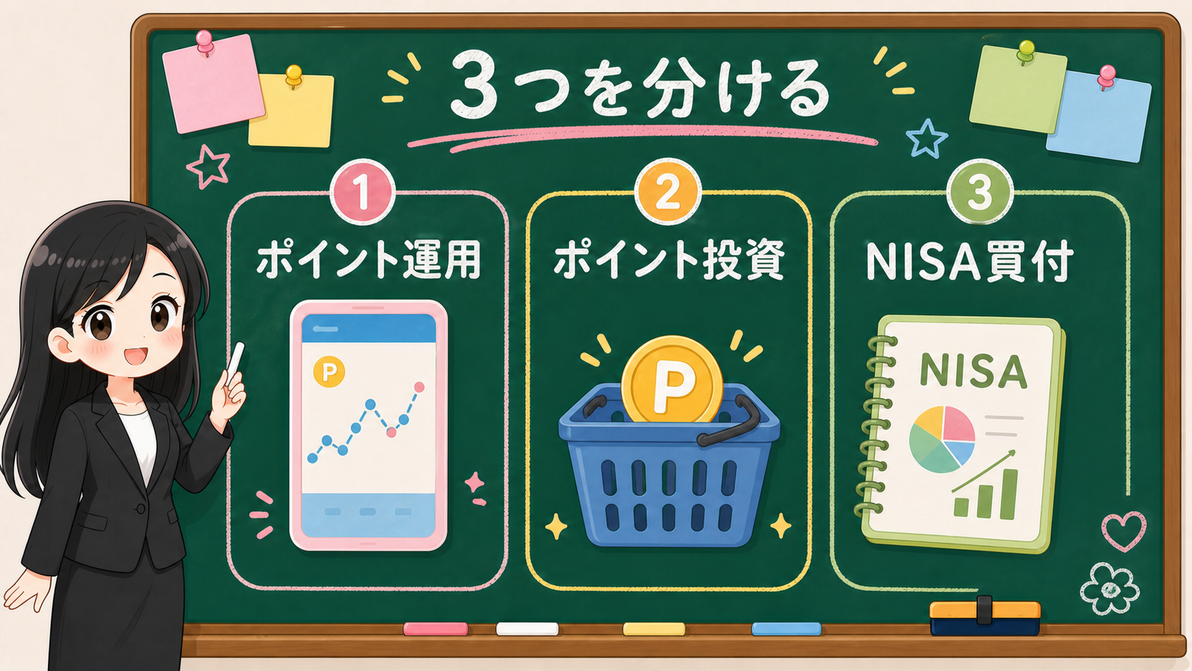せかい先生がポイント運用、ポイント投資、NISA買付を3つの棚に分ける黒板図解