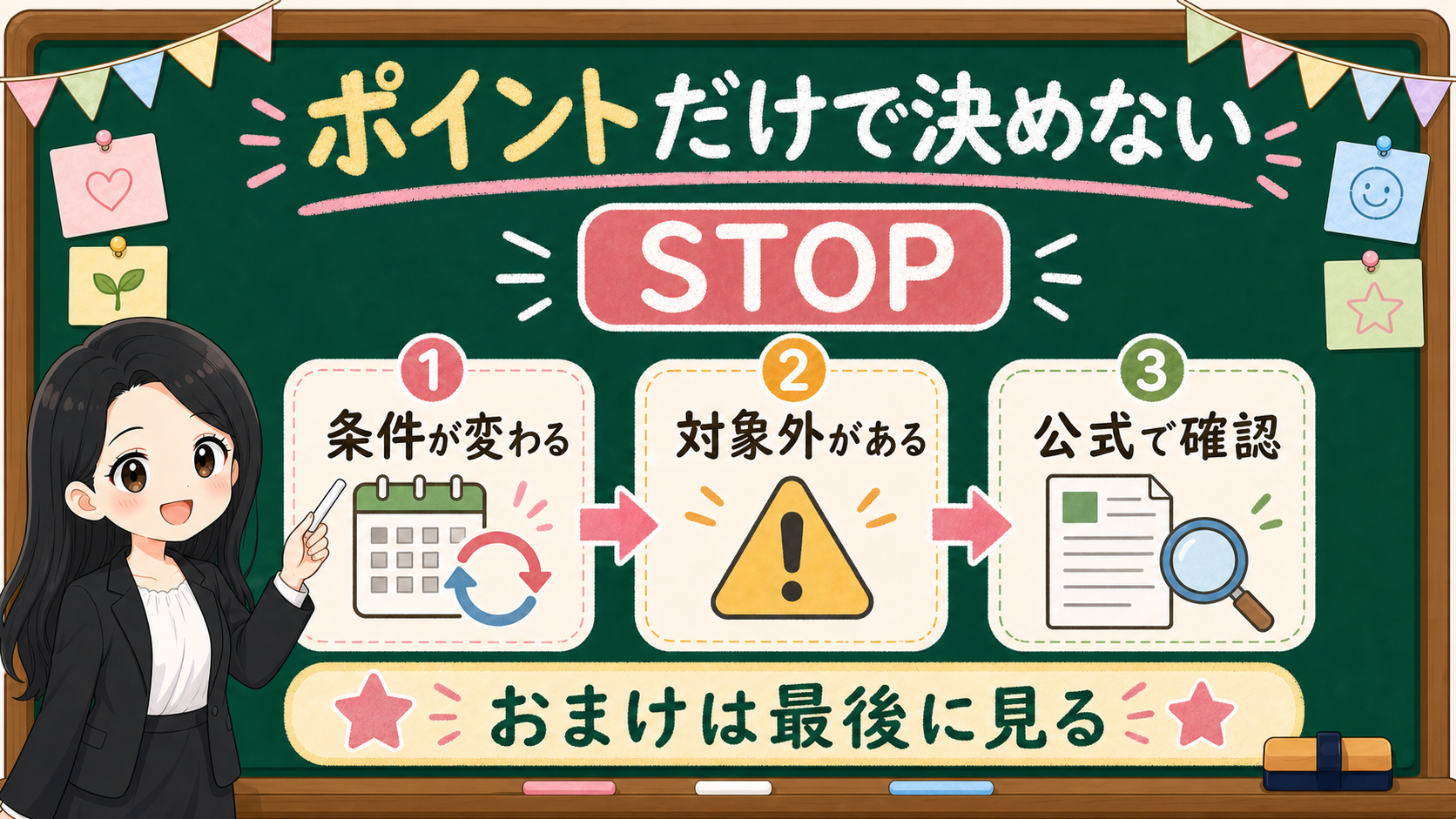 ポイントだけで決めず条件変更、対象外、公式確認を見る黒板図解