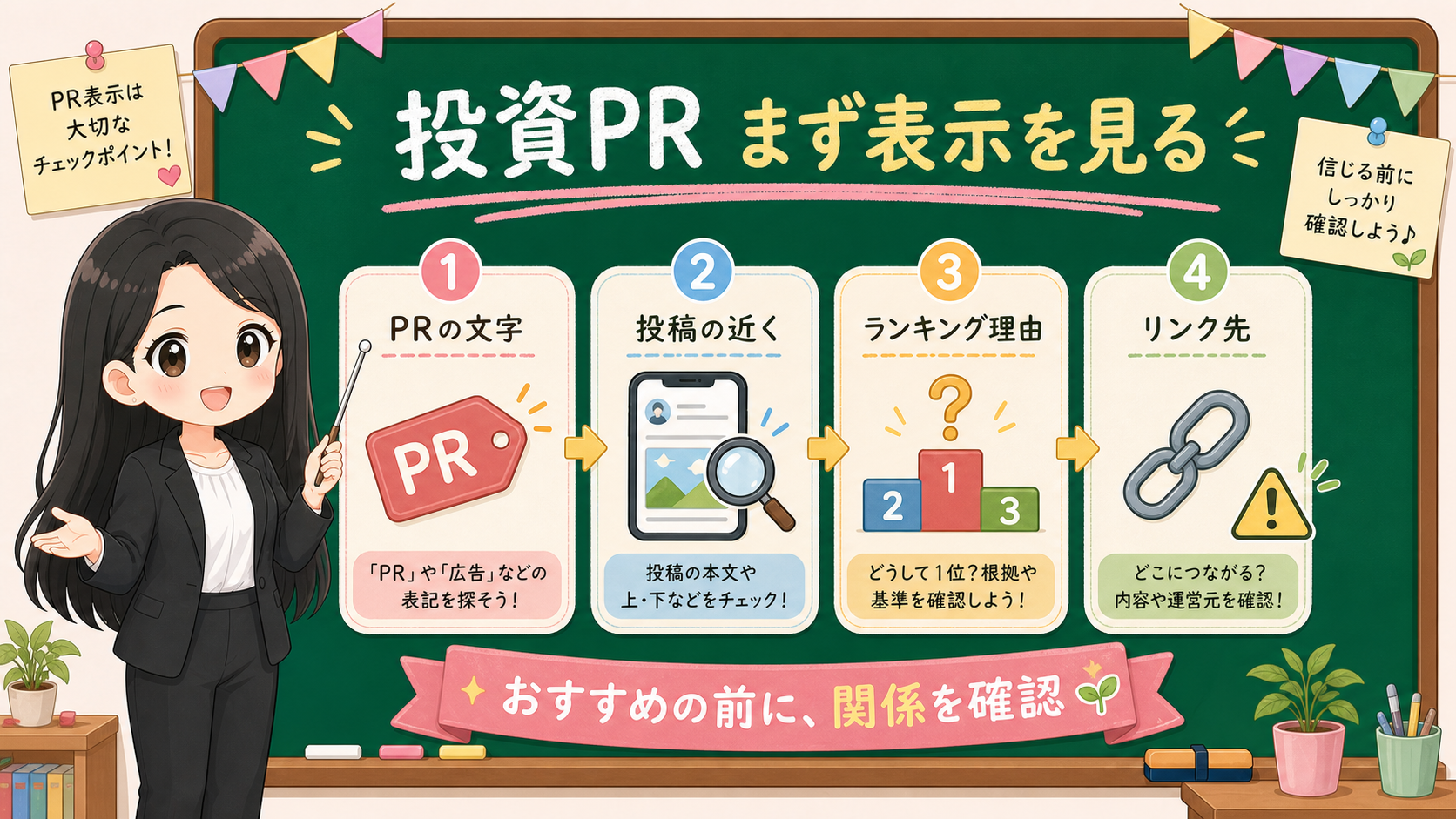 せかい先生が黒板でPRの文字、投稿の近く、ランキング理由、リンク先を確認する順番を説明する図解