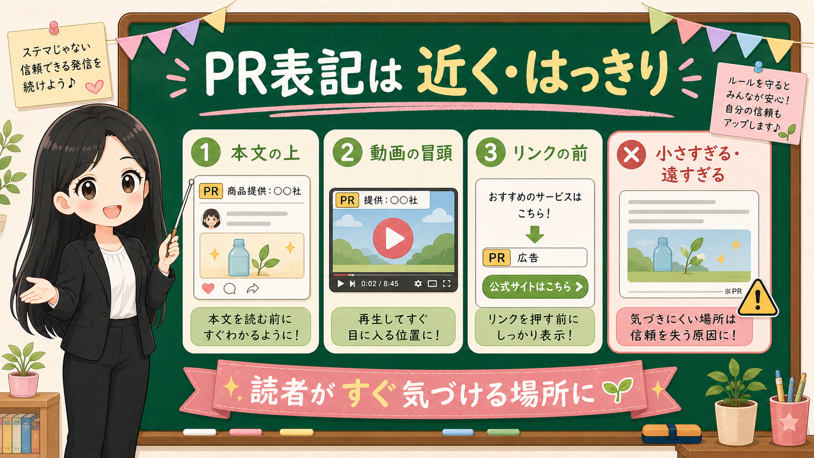 せかい先生が黒板でPR表記は本文の上、動画の冒頭、リンクの前に分かりやすく置くと説明する図解