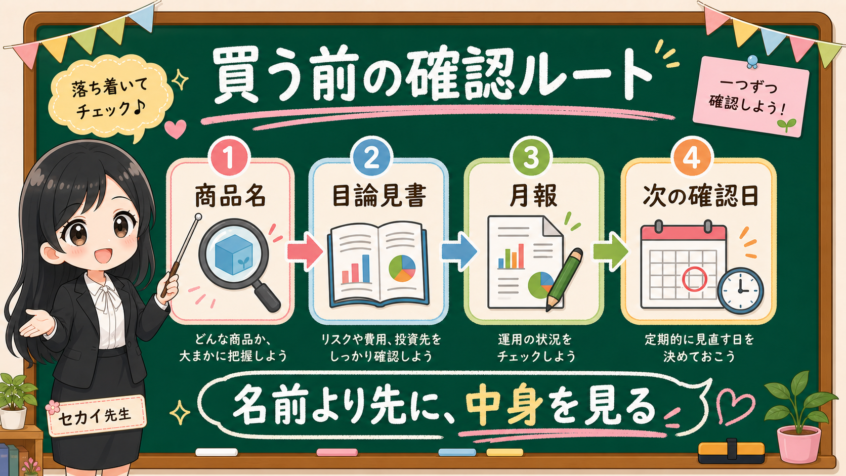 せかい先生が黒板で買う前に商品名、目論見書、月報、次の確認日を見る流れを説明する図解