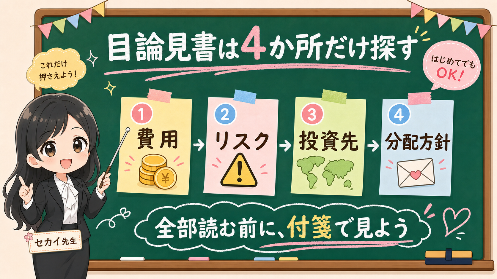 せかい先生が黒板で目論見書は費用、リスク、投資先、分配方針の4か所だけ探すと説明する図解