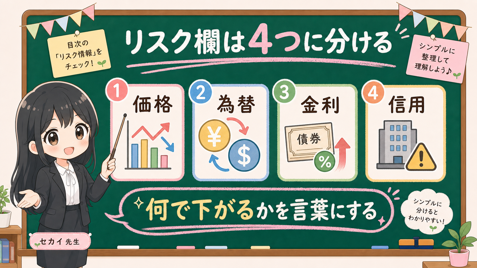 せかい先生が黒板で目論見書のリスク欄を価格、為替、金利、信用に分ける図解