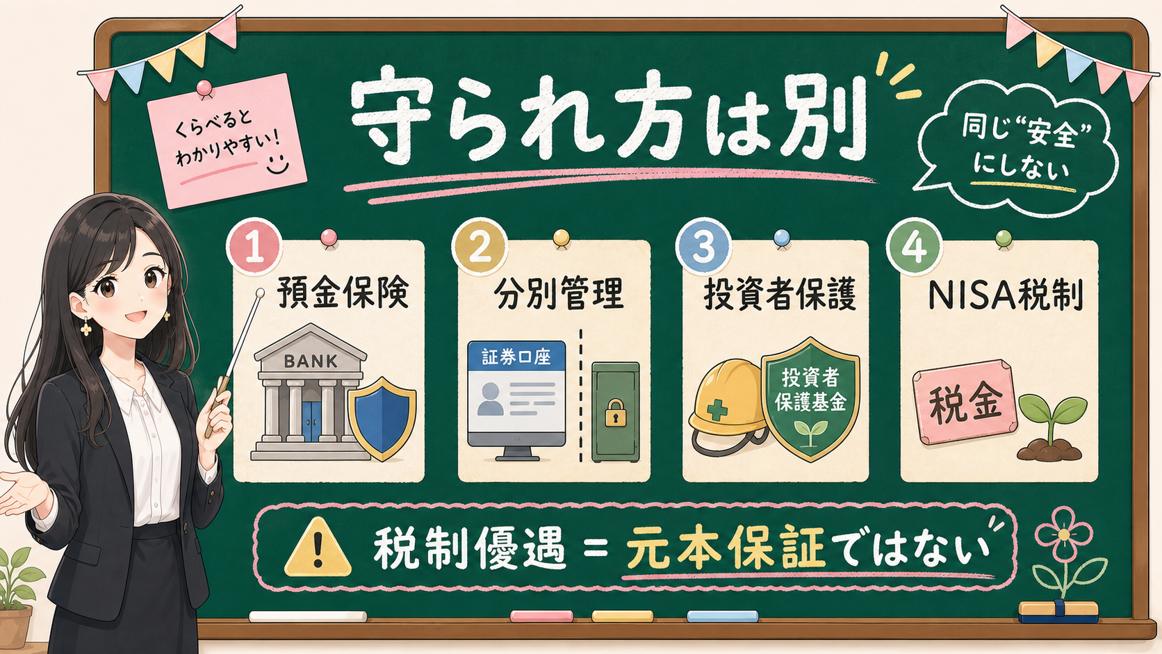 せかい先生が黒板で預金保険、分別管理、投資者保護、NISA税制の違いを説明する図解