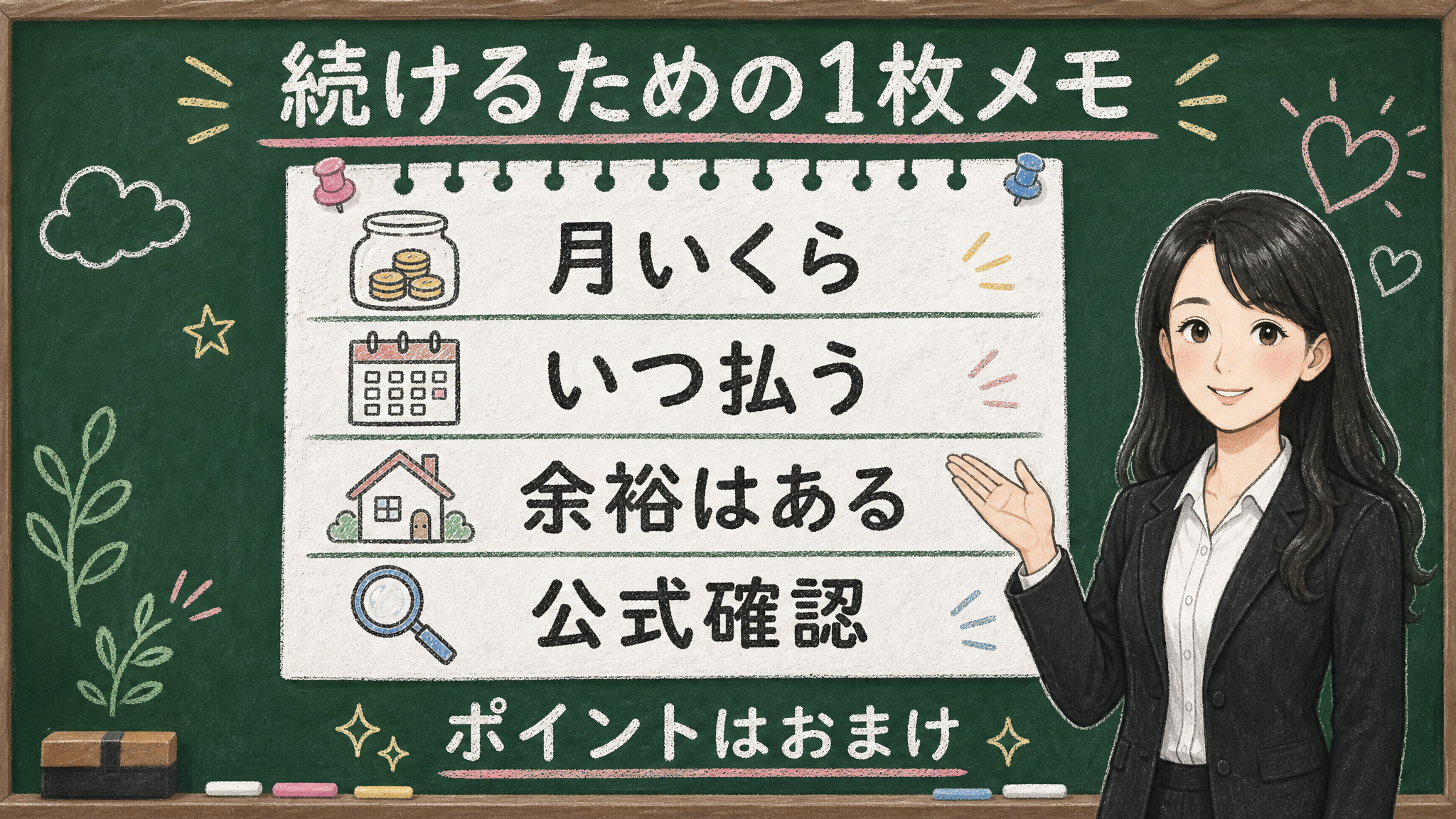せかい先生が月いくら、いつ払う、余裕、公式確認を1枚メモにする黒板図解