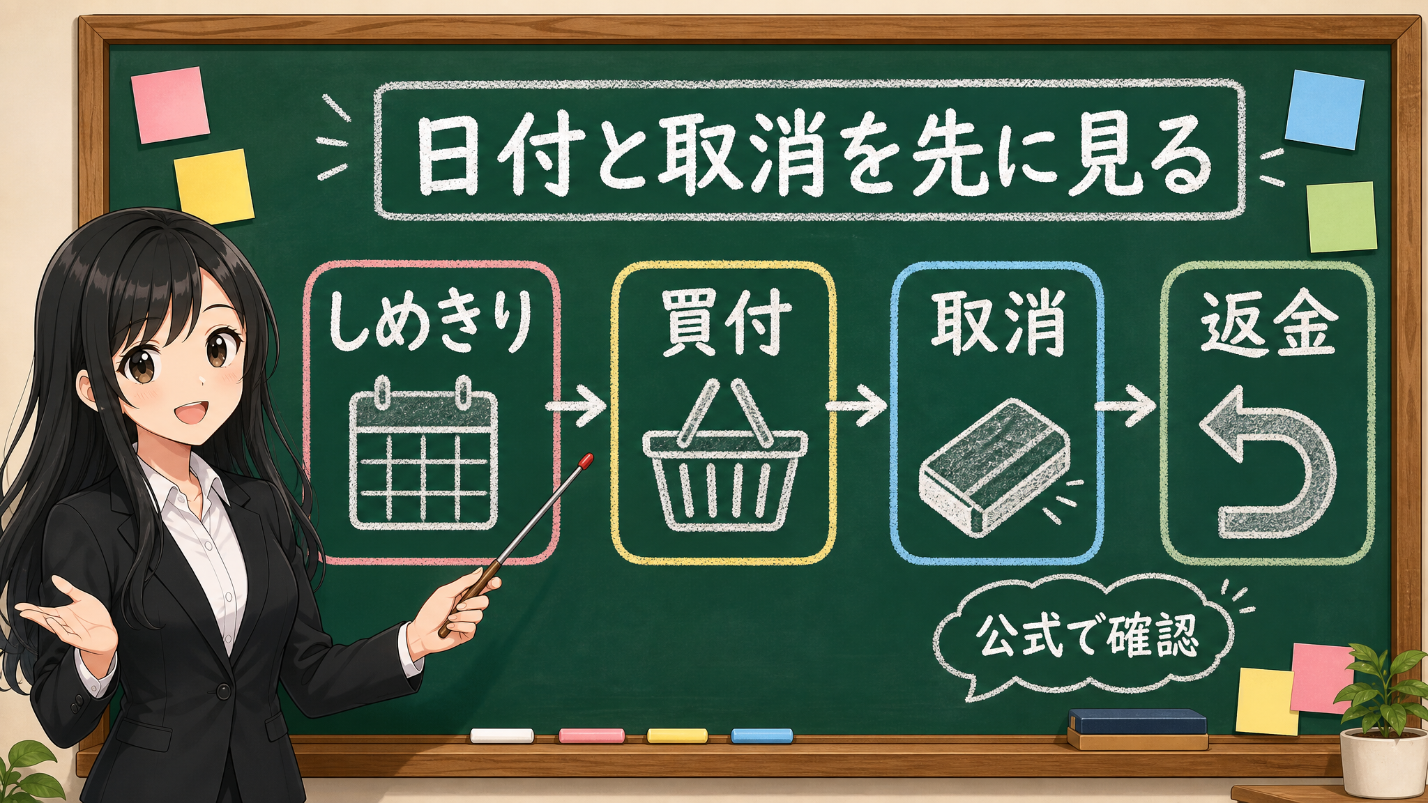 せかい先生が締切、買付、取消、返金を一本の線で確認する黒板図解