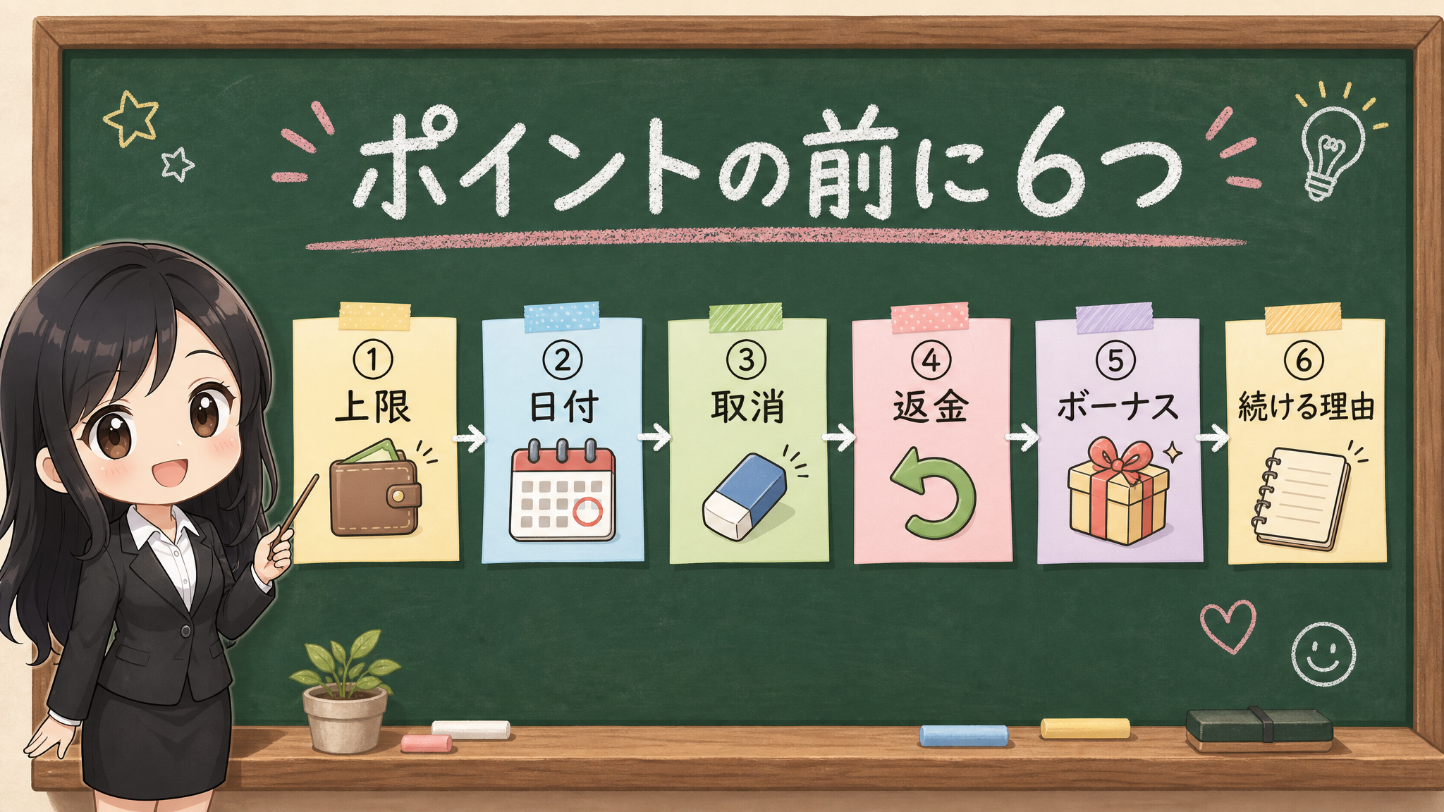せかい先生がポイントの前に上限、日付、取消、返金、ボーナス、続ける理由の6つを分ける黒板図解