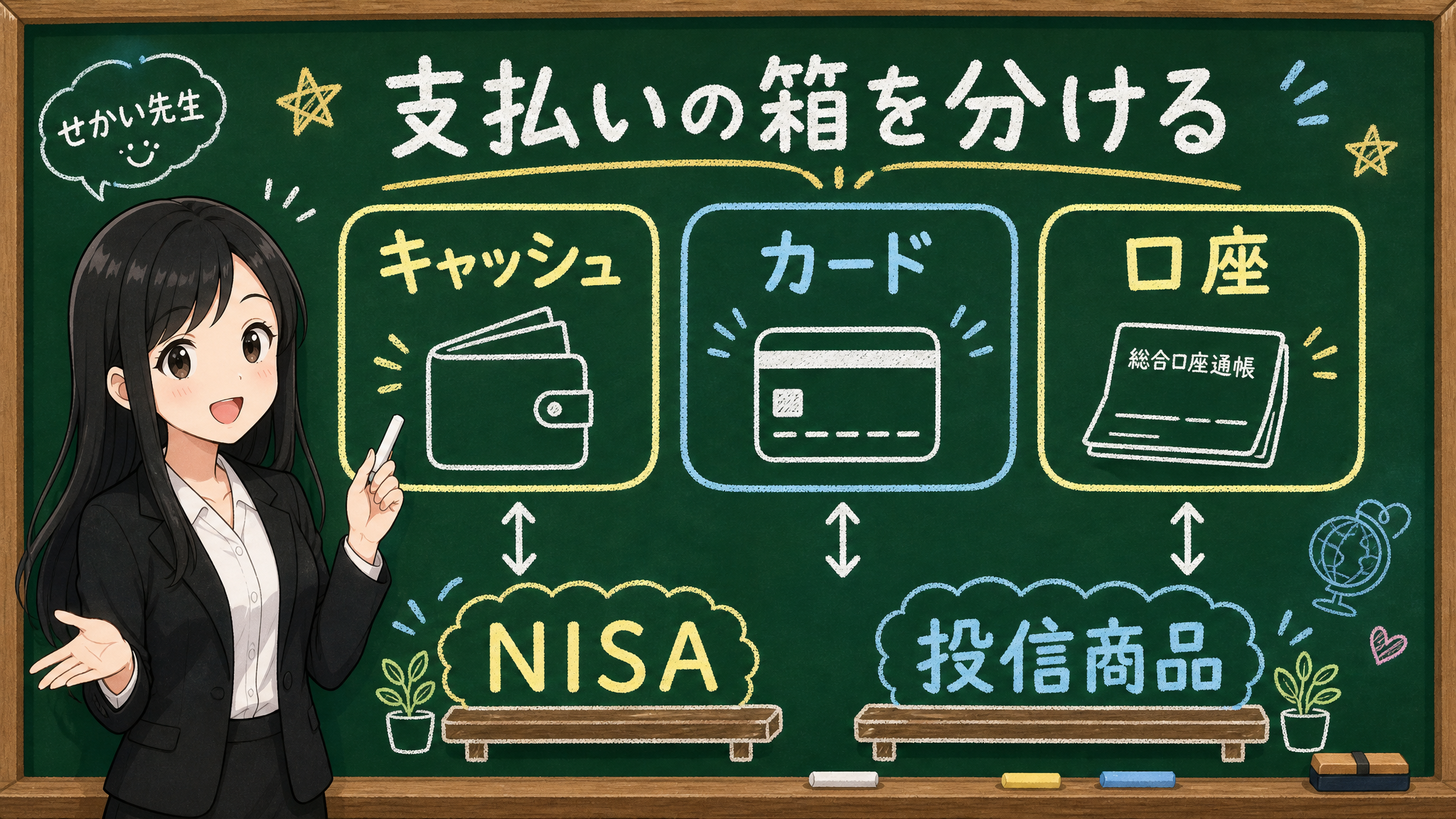せかい先生がキャッシュ、カード、証券口座を別々の箱に分ける黒板図解