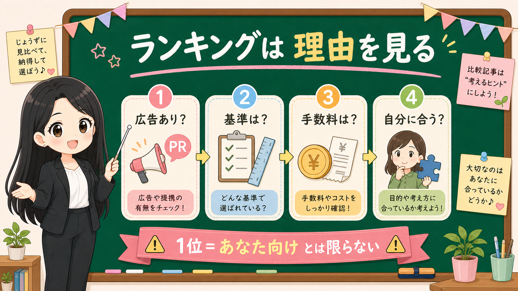 せかい先生が黒板で広告あり、基準、手数料、自分に合うかを確認する順番を説明する図解