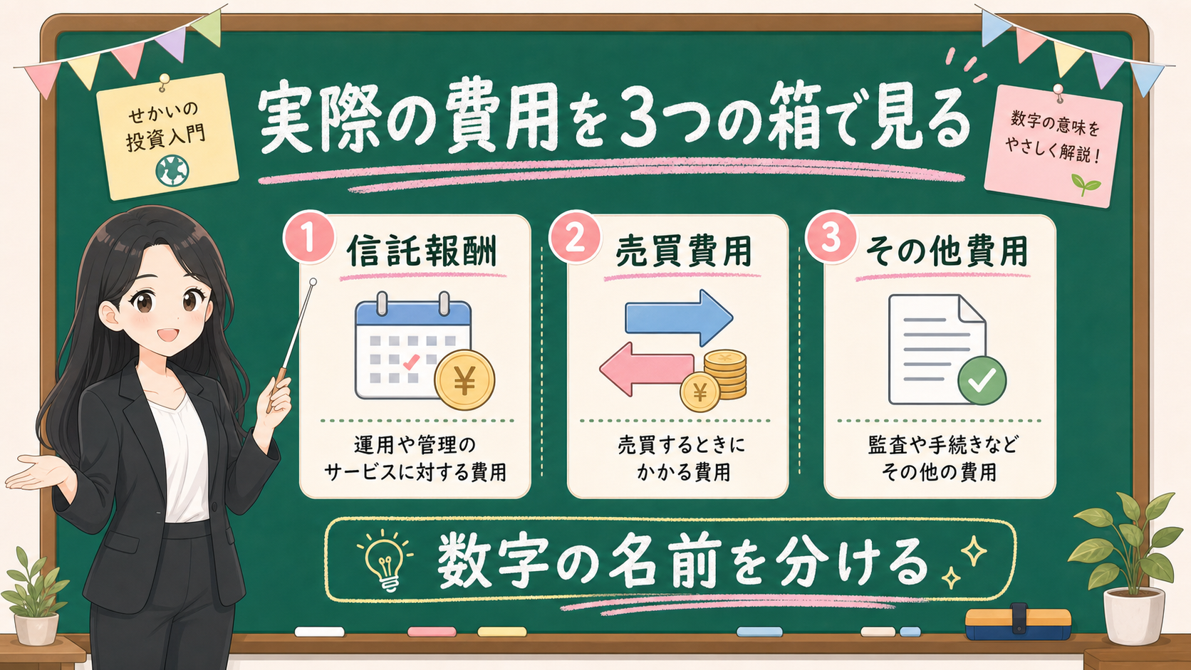 せかい先生が黒板で実際の費用を信託報酬、売買費用、その他費用の3つの箱に分ける図解