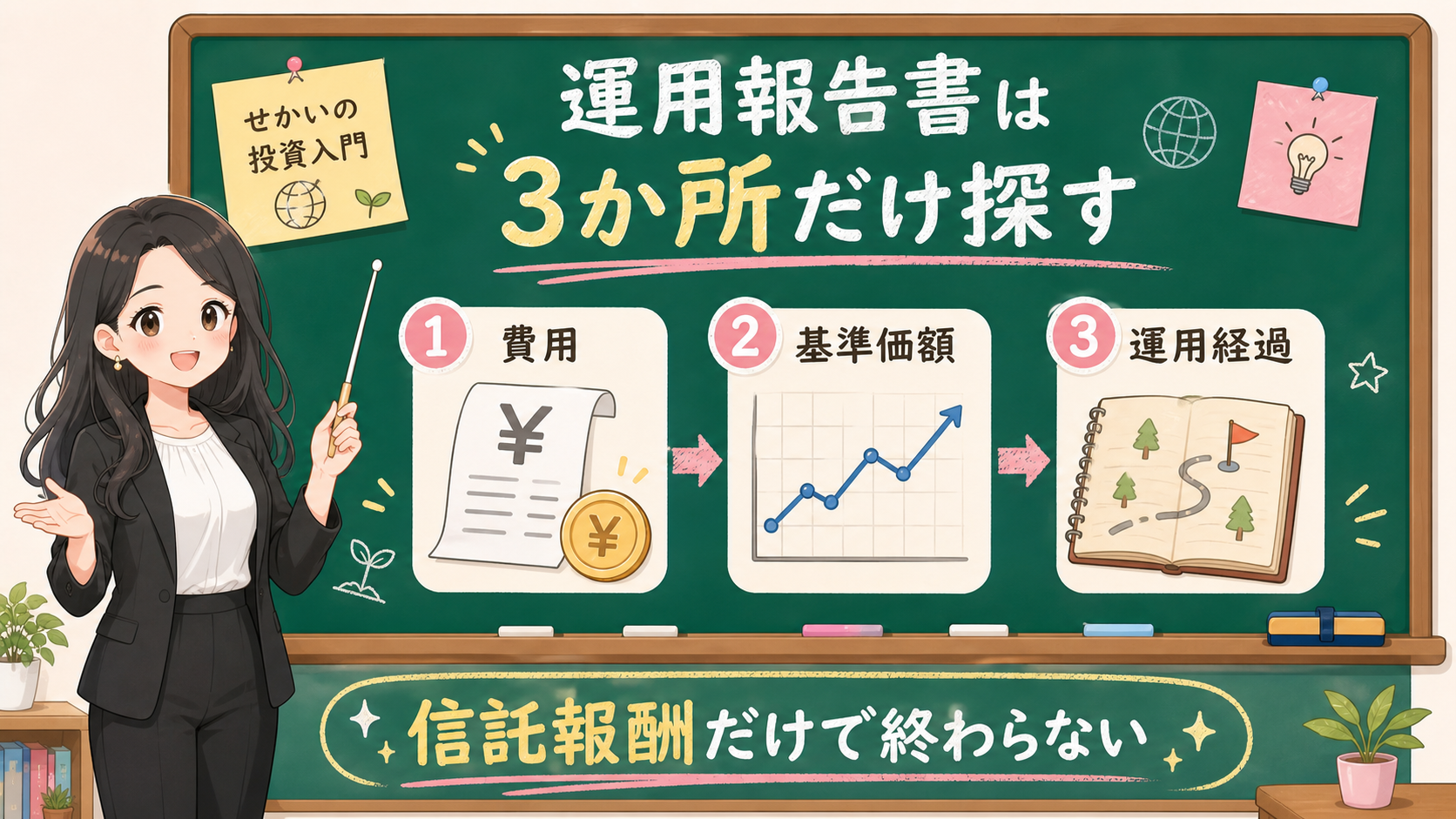 せかい先生が黒板で運用報告書は費用、基準価額、運用経過の3か所だけ探すと説明する図解