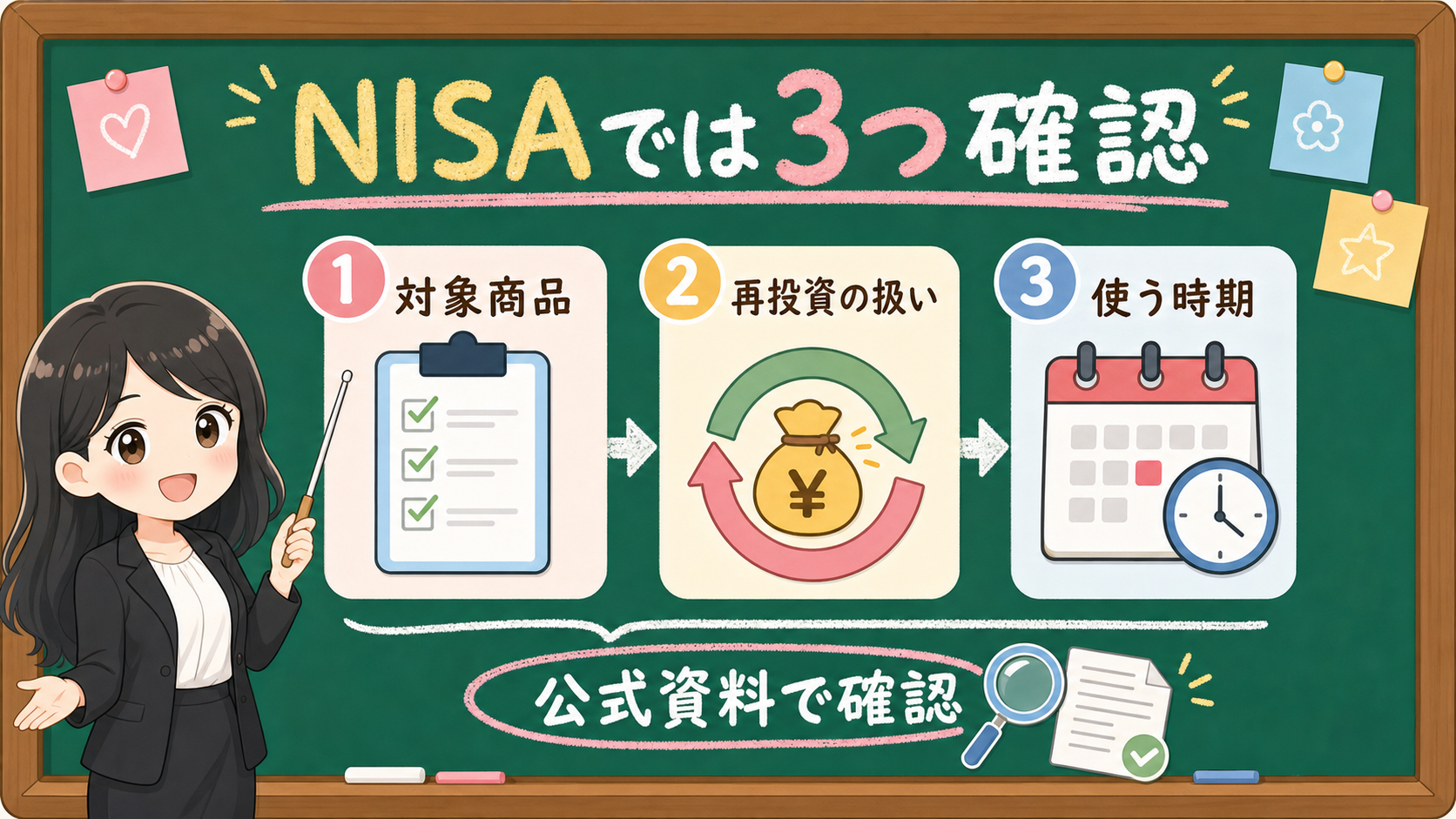 せかい先生が黒板でNISAでは対象商品、再投資の扱い、使う時期の3つを確認すると説明する図解