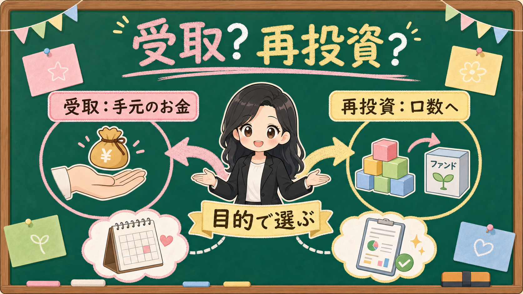 せかい先生が黒板で受取は手元のお金、再投資は口数へ進む2本の道として説明する図解