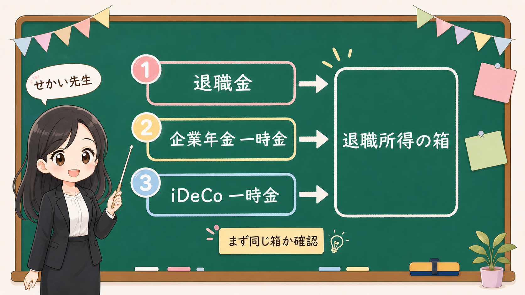 せかい先生が退職金、企業年金一時金、iDeCo一時金を同じ退職所得の箱へ入れて確認する黒板図解