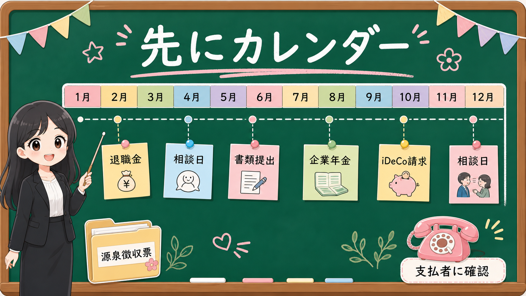 せかい先生が退職金、企業年金、iDeCo請求、相談日、書類提出を1年カレンダーに並べる黒板図解