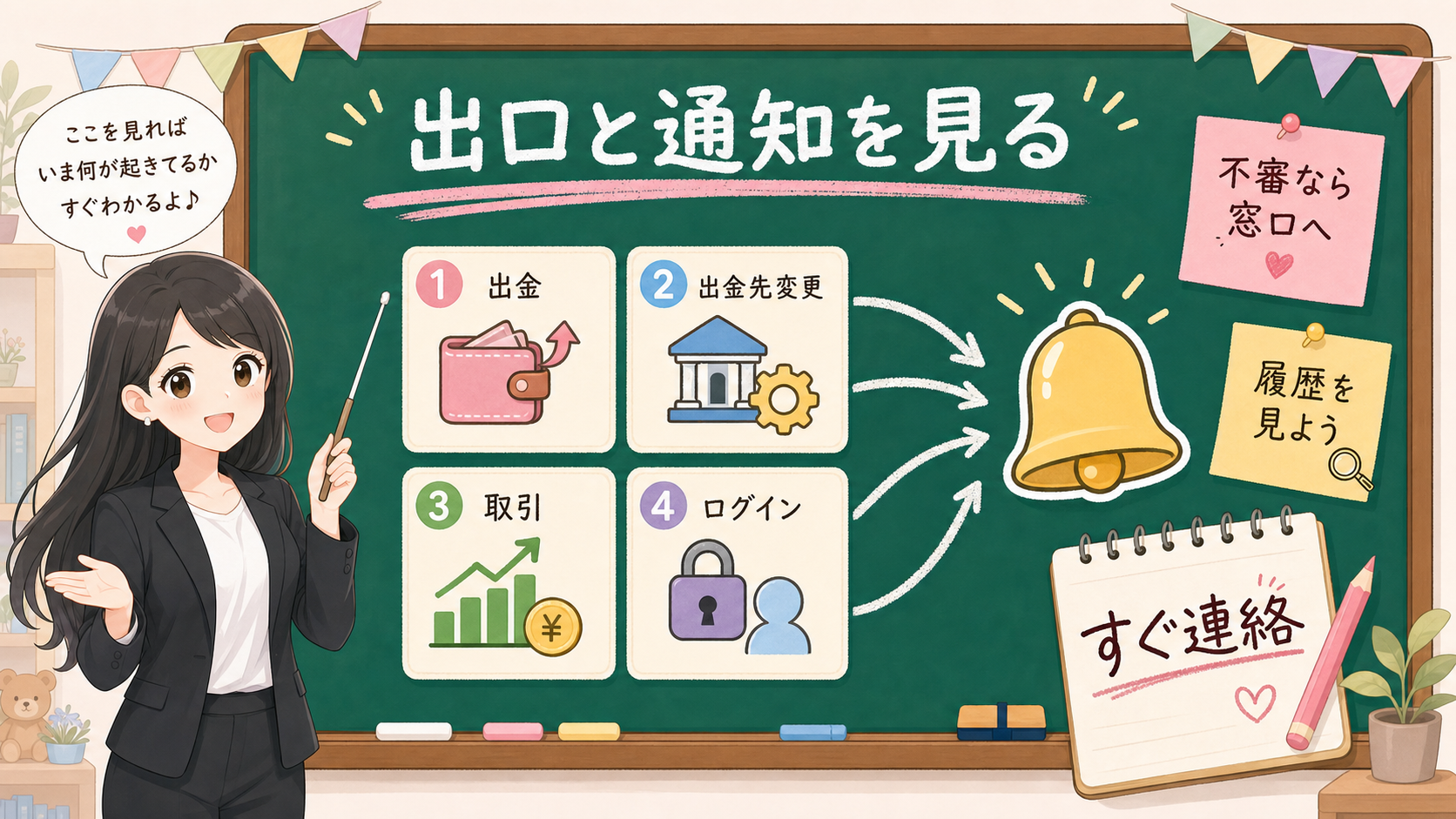 せかい先生が黒板で、ログイン、取引、出金、出金先変更の通知を見張りベルとして説明する図解