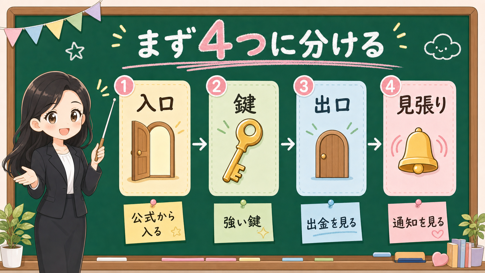 せかい先生が黒板で、証券口座の守り方を入口、鍵、出口、見張りの4箱に分けて説明する図解