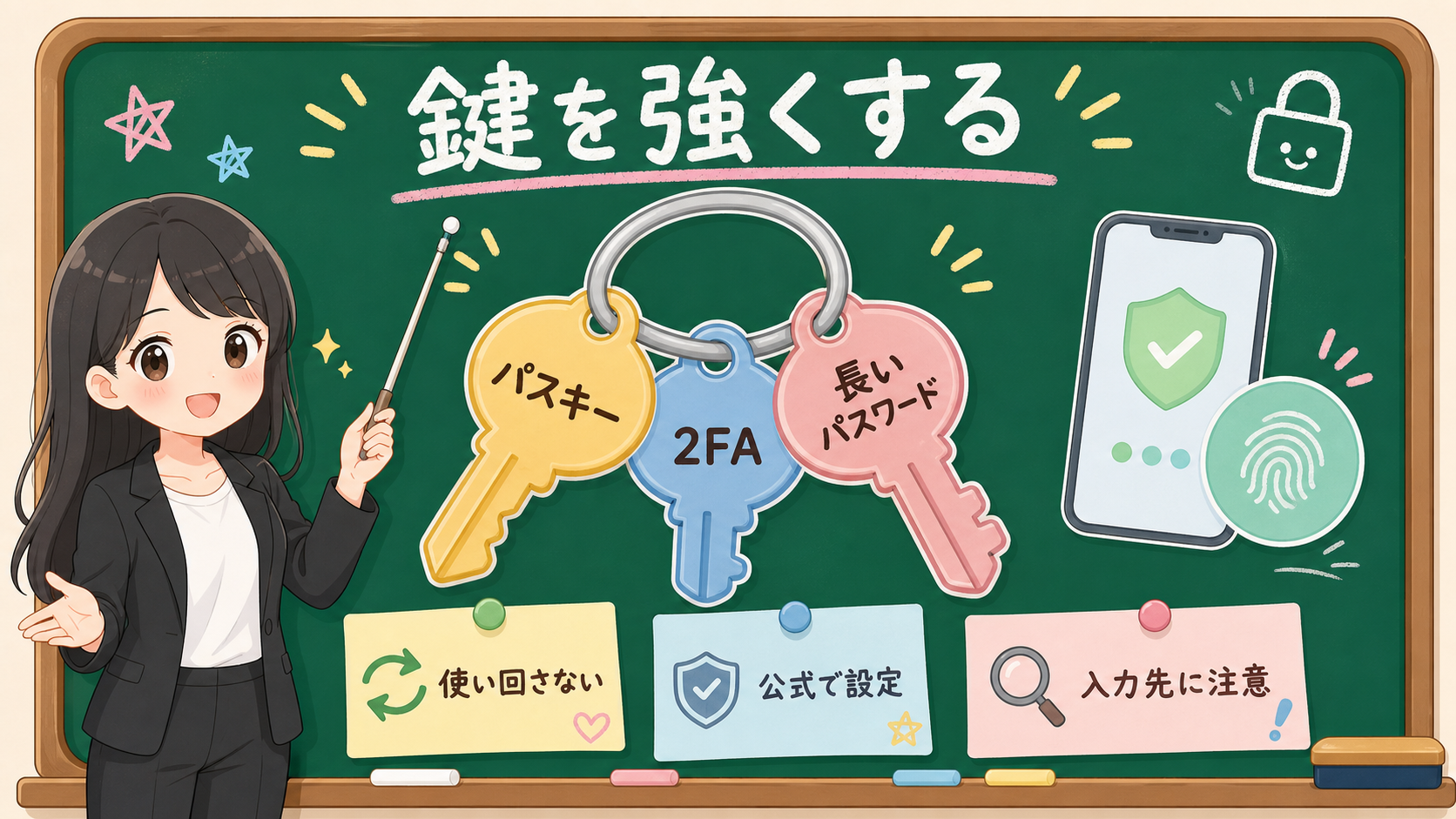 せかい先生が黒板で、パスキー、2FA、長いパスワードを鍵束として説明する図解