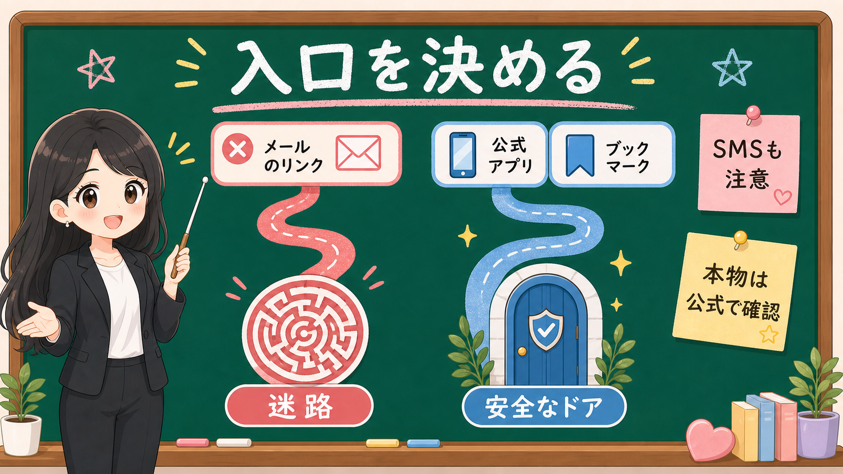 せかい先生が黒板で、メールやSMSのリンクではなく公式アプリやブックマークからログインする流れを説明する図解