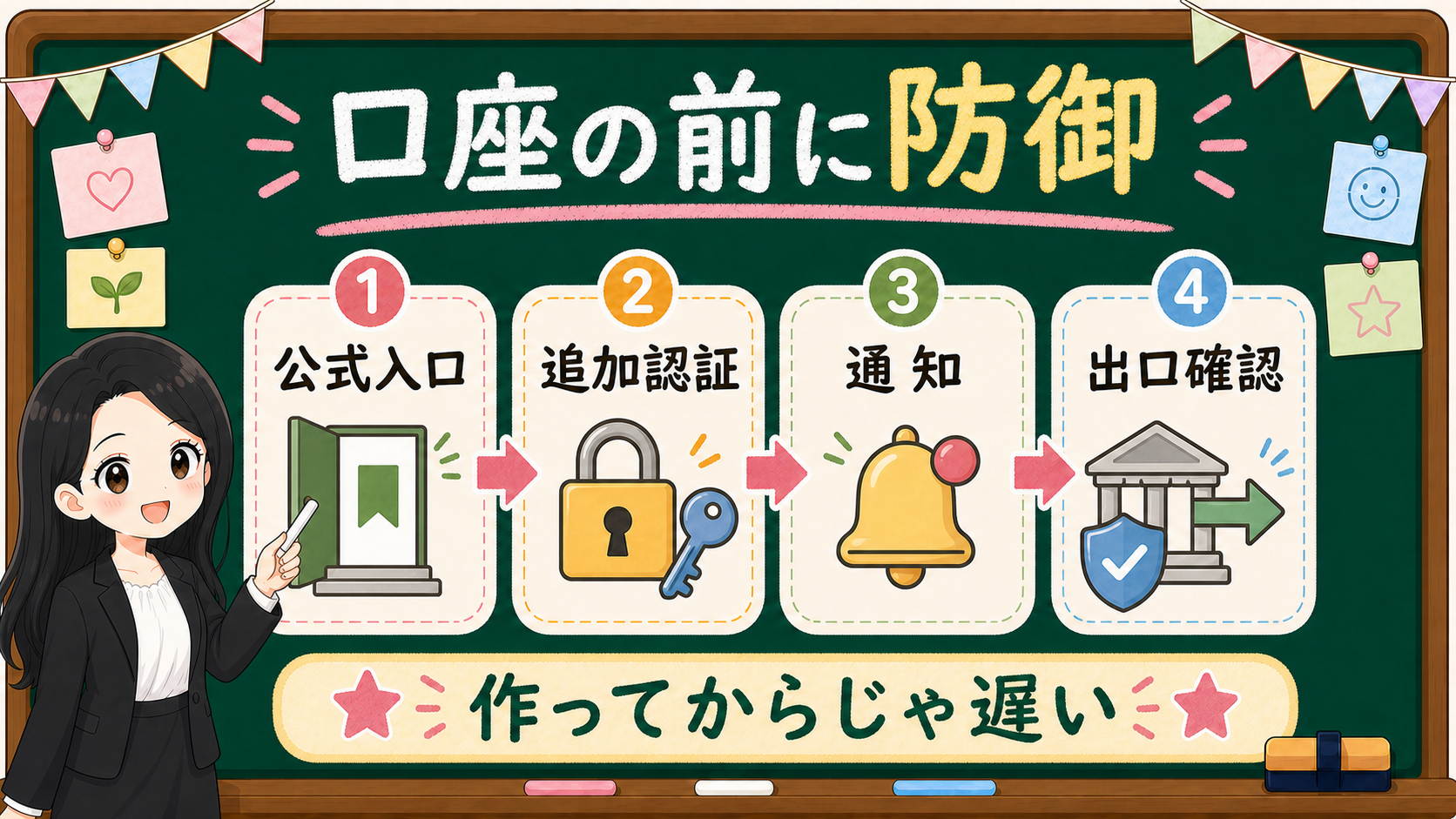 口座開設前に公式入口、追加認証、通知、出口確認を見る黒板図解