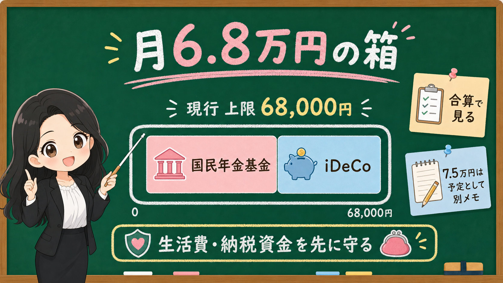 せかい先生が黒板で国民年金基金とiDeCoの月6.8万円共通上限を説明する図解