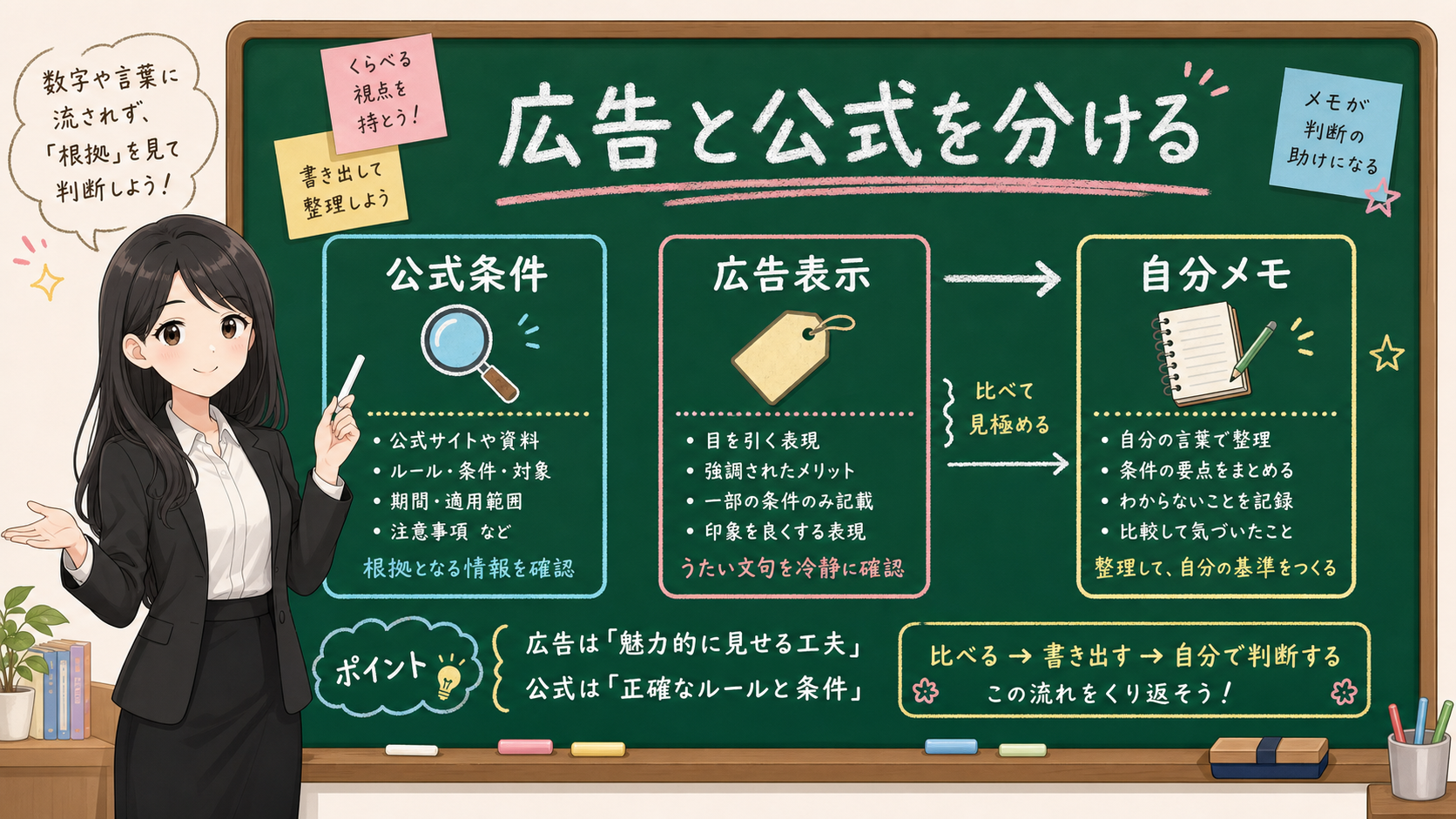 せかい先生が公式条件、広告表示、自分メモを別々に分ける黒板図解