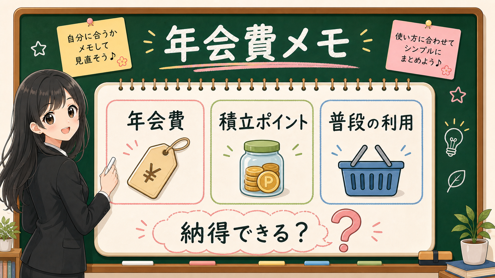 せかい先生が年会費、積立ポイント、普段の利用を家計メモに分ける黒板図解