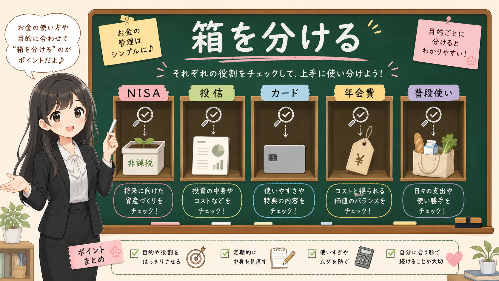 せかい先生がNISA、投信、カード、年会費、普段使いを別々の棚に分ける黒板図解