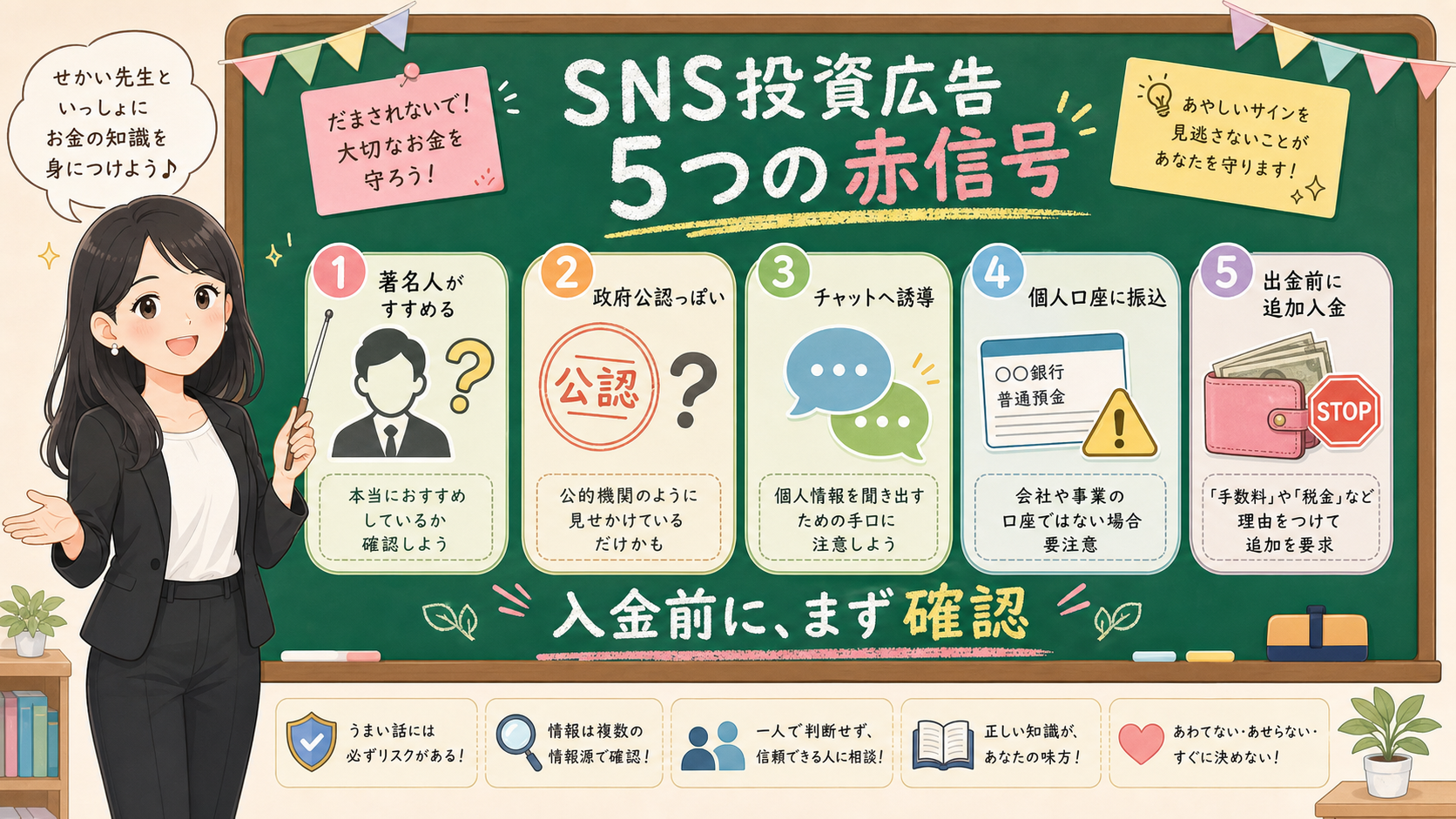 せかい先生が黒板でSNS投資広告の5つの赤信号を説明する図解