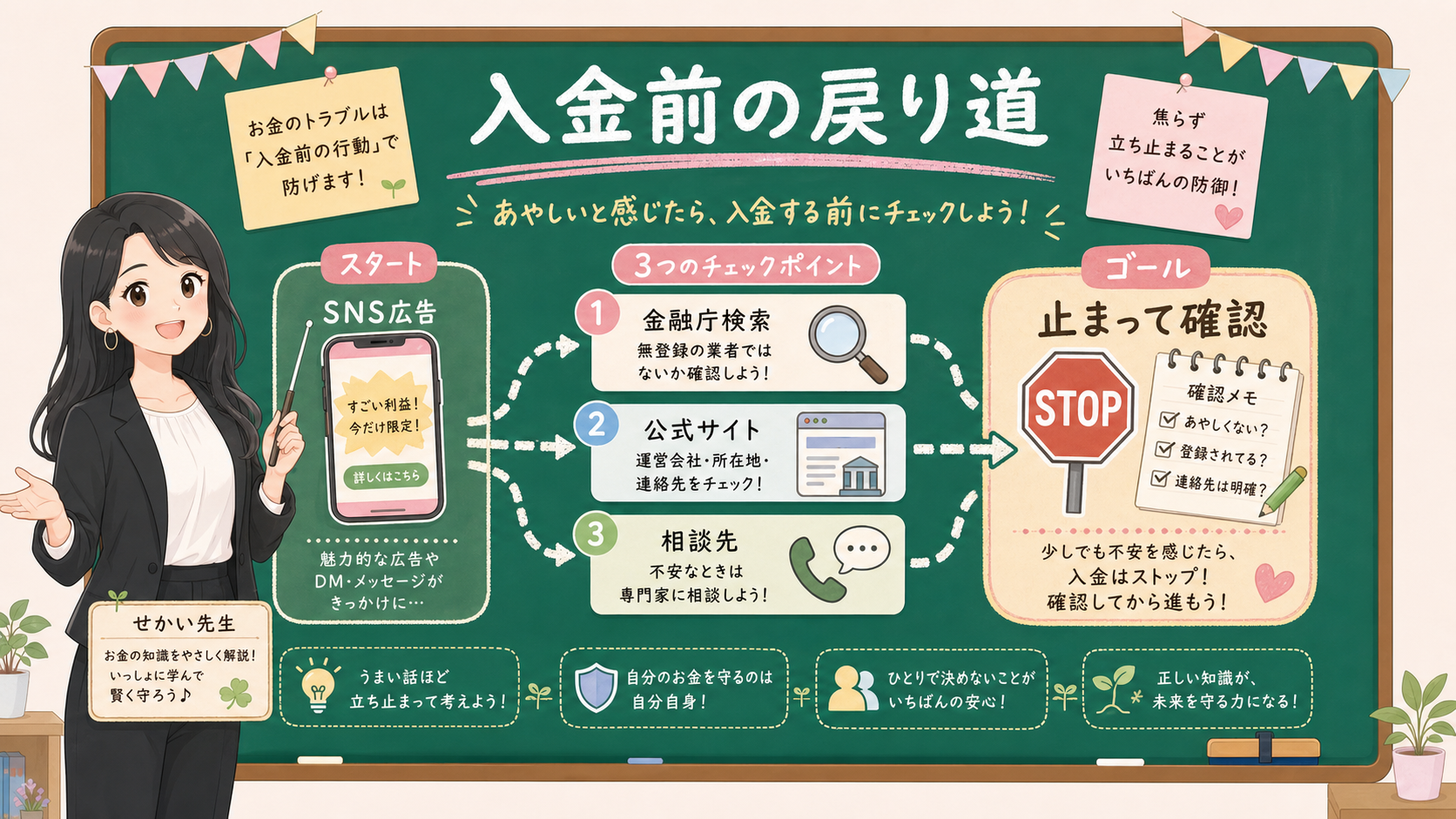 せかい先生が黒板でSNS広告から金融庁検索、公式サイト、相談先へ戻る道を説明する図解
