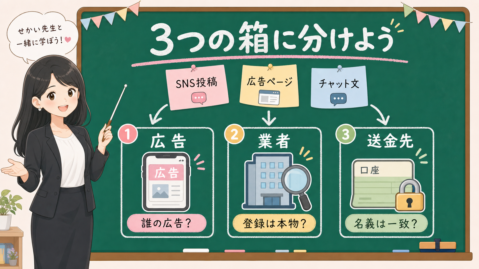せかい先生が黒板でSNS広告、業者、送金先を3つの箱に分ける図解