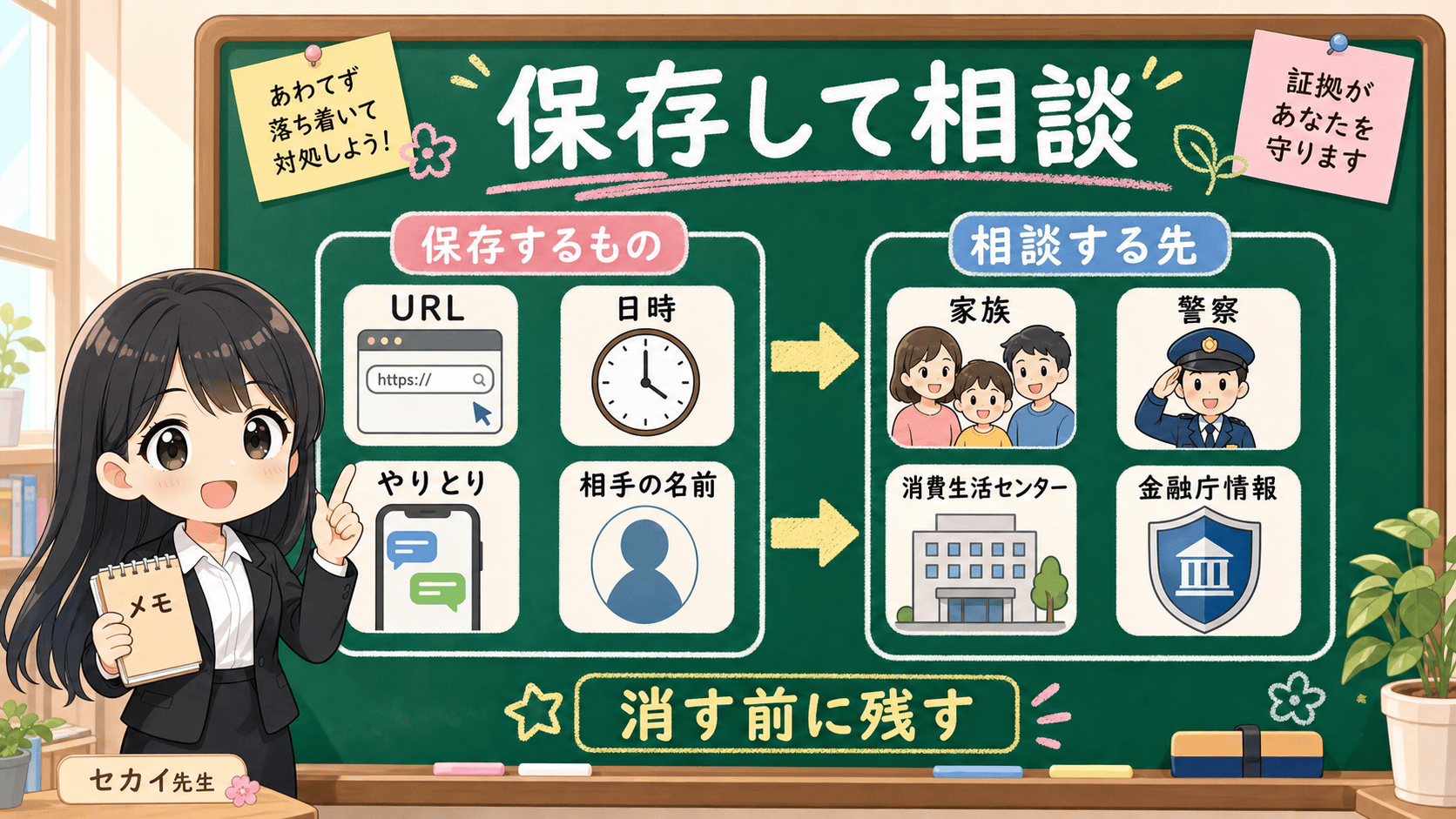 せかい先生が投資詐欺の相談前に保存する証拠と相談先を黒板で説明する図解