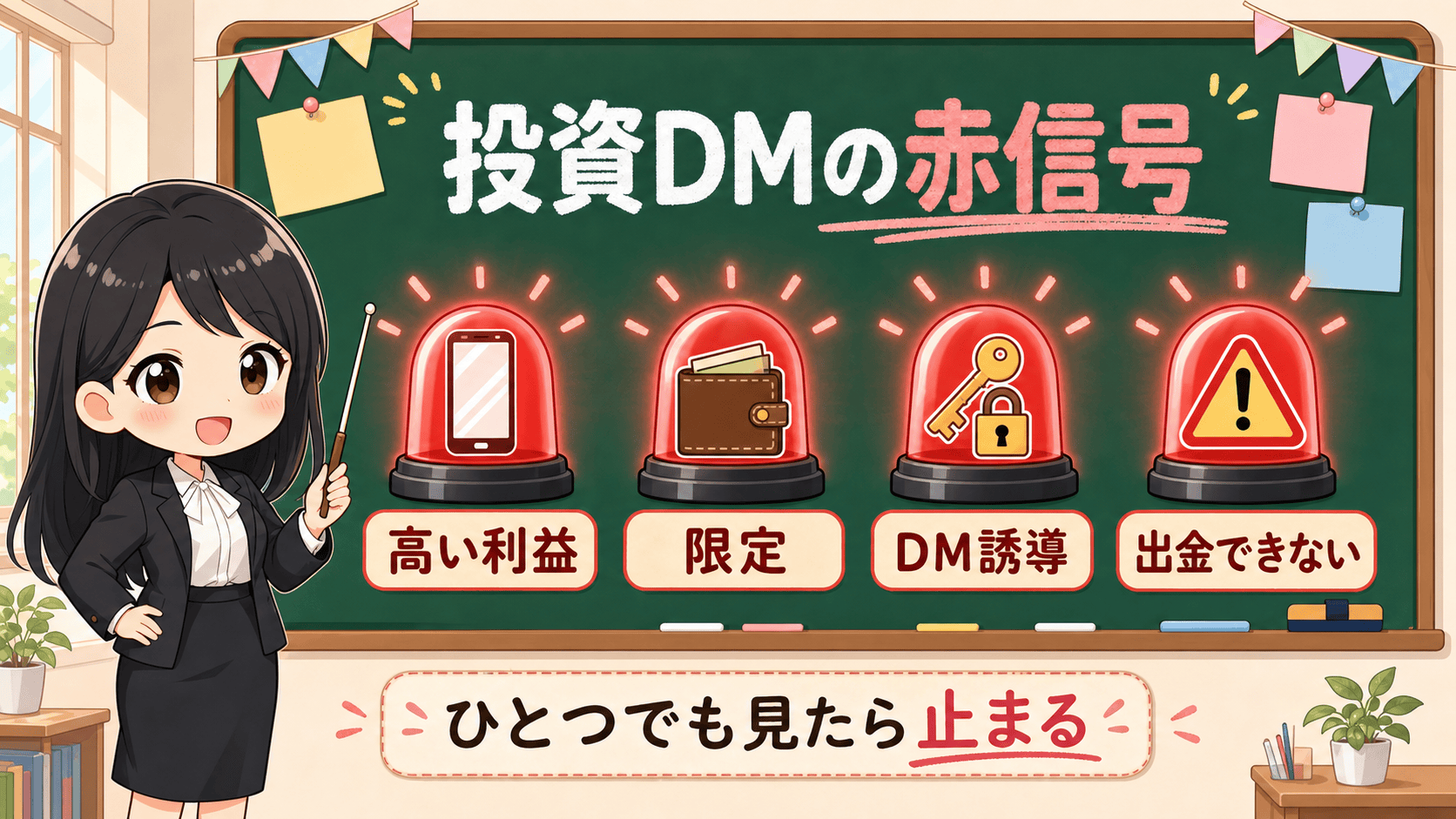 せかい先生が投資DMの赤信号として高い利益、限定、DM誘導、出金できないを黒板で説明する図解