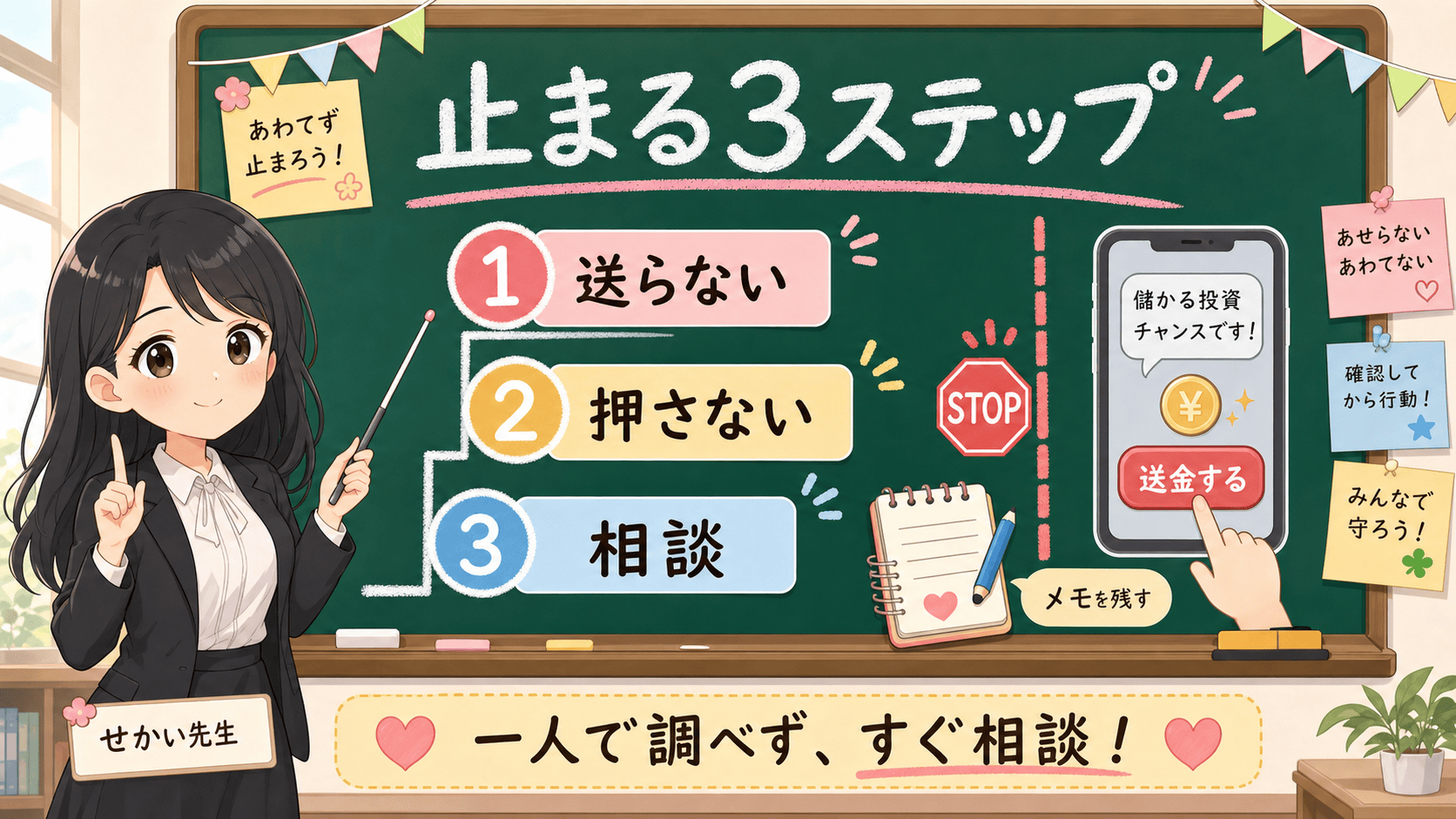 せかい先生が送らない、押さない、相談の3ステップで投資DMを止める黒板図解