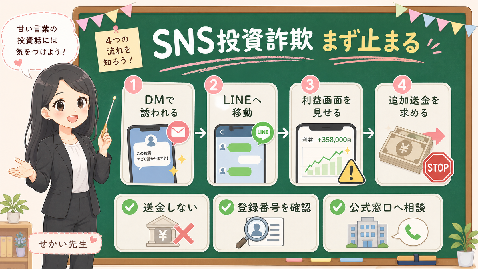 せかい先生が黒板でDM、公式確認、送金しないの3ステップを説明する図解