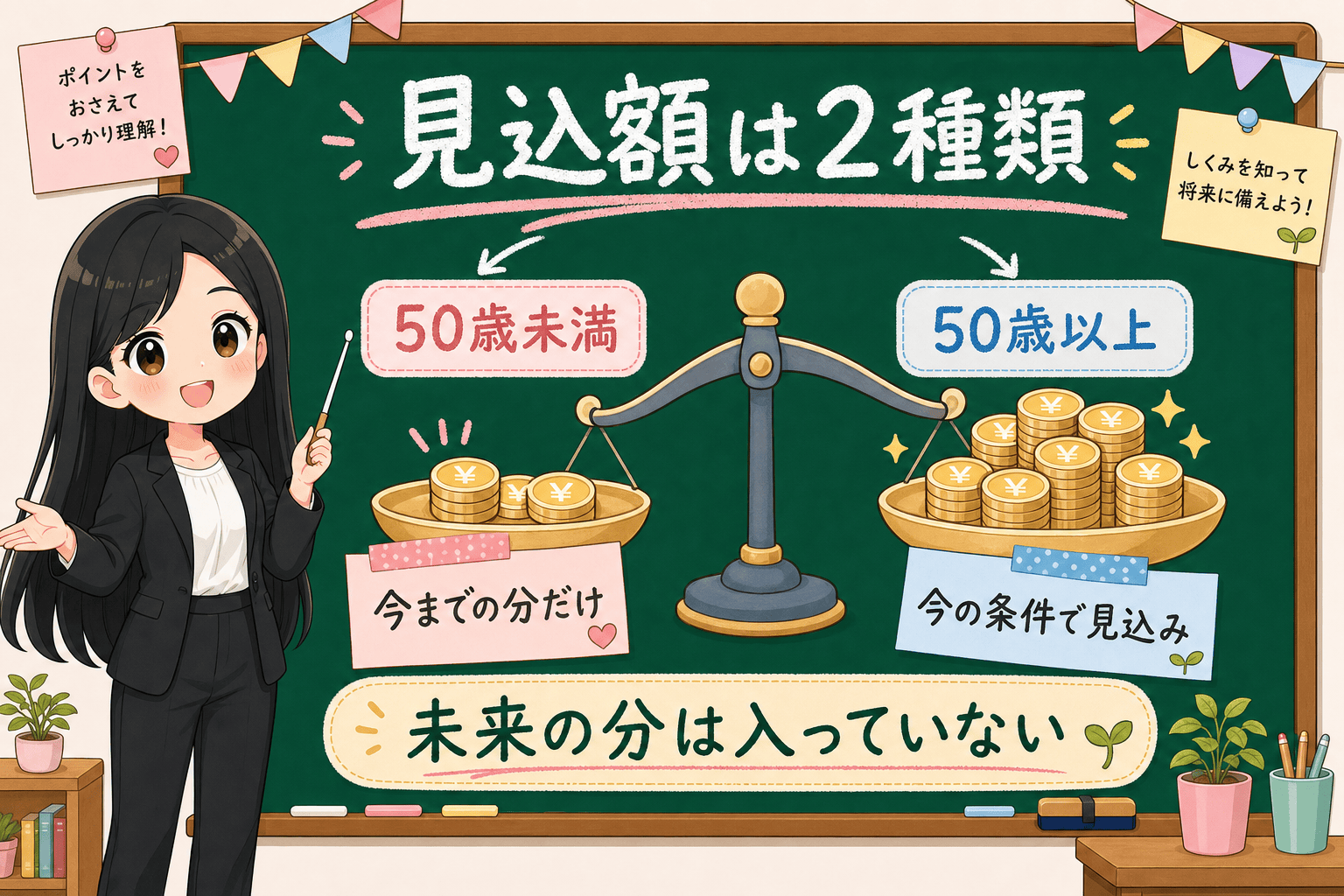 せかい先生が50歳未満はこれまでの実績分のみ、50歳以上は現在の条件での見込みという計算前提の違いを天びんで説明する図解