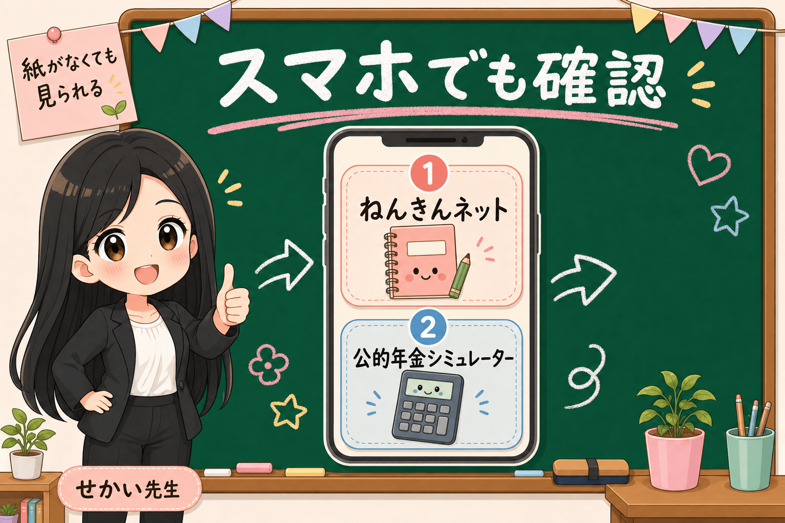 せかい先生がねんきんネットと公的年金シミュレーターをスマホで使って年金記録と見込額を確認できることを示す図解