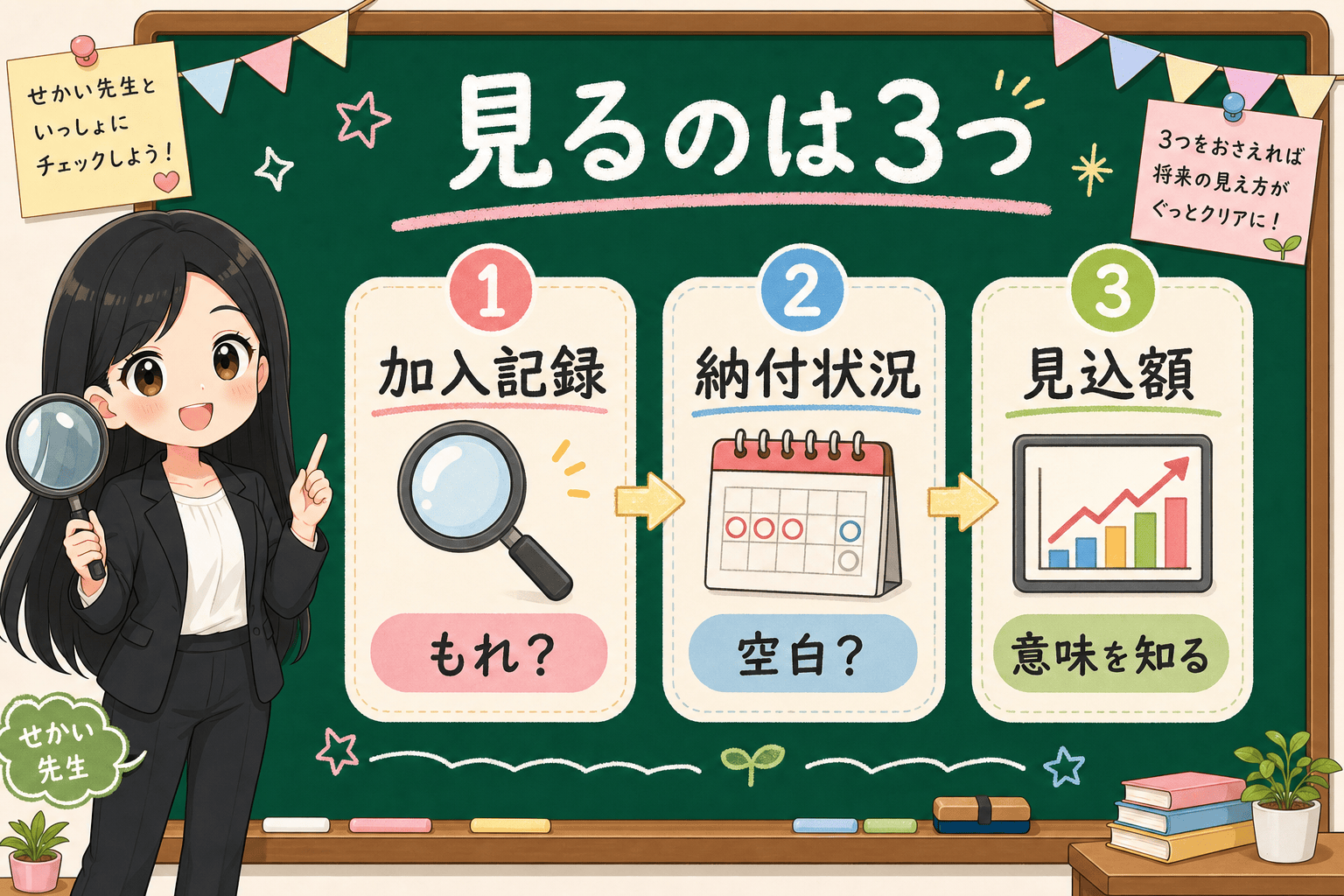 せかい先生がねんきん定期便で見る3つの場所、加入記録、納付状況、見込額を虫めがねで確認する図解
