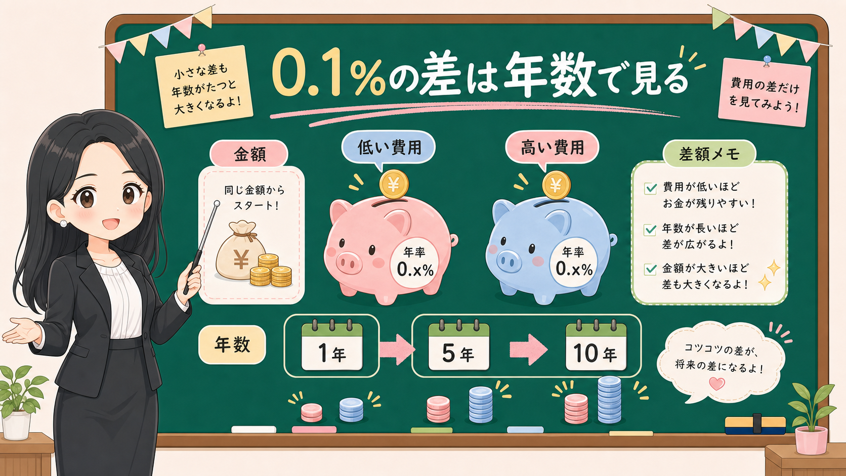 せかい先生が黒板で0.1パーセントの費用差を金額と年数に分けて説明する図解