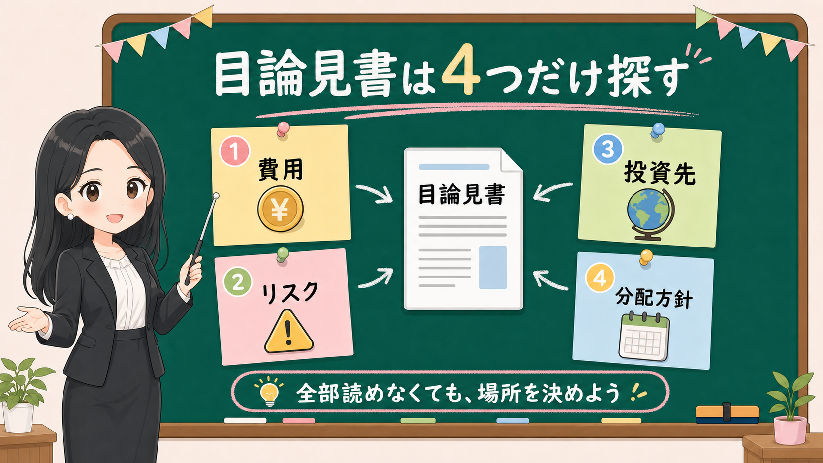 せかい先生が黒板で目論見書の費用、リスク、投資先、分配方針を見る場所を説明する図解