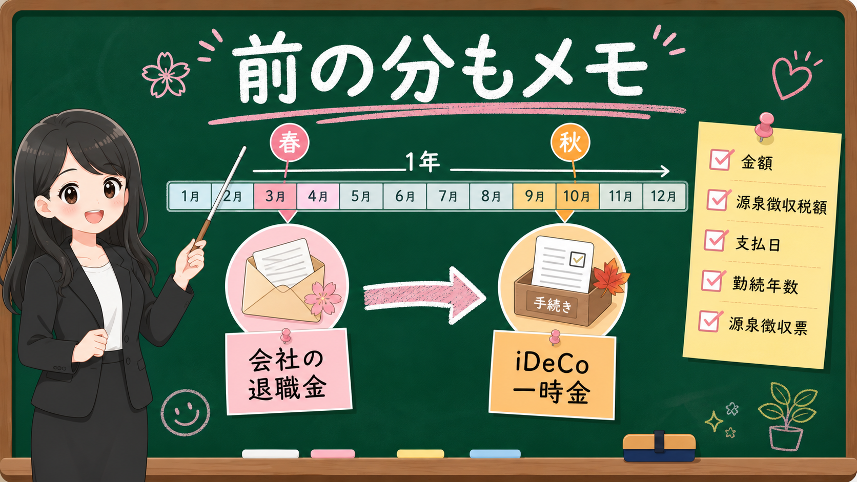 せかい先生が同じ年の会社退職金とiDeCo一時金をカレンダーで並べ、前の分もメモする黒板図解