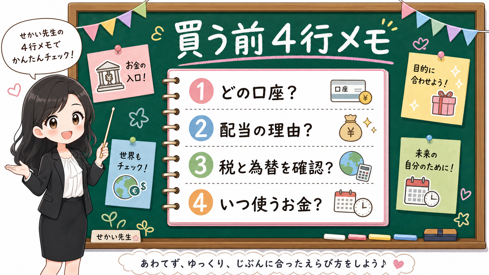 せかい先生が黒板で、どの口座か、配当の理由、税と為替確認、いつ使うお金かを書く4行メモを説明する図解