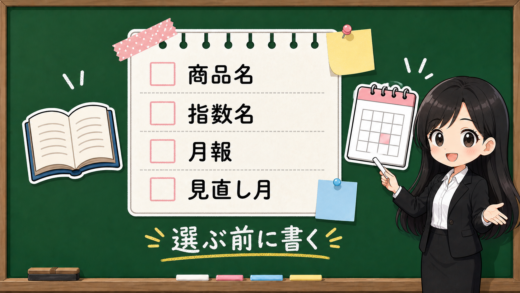 せかい先生が黒板で商品名、指数名、月報、見直し月の4行メモを説明する図解