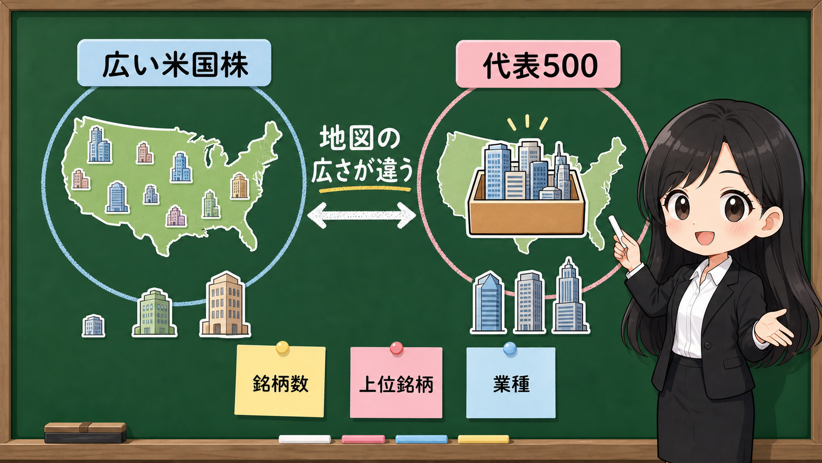 せかい先生が黒板で全米株式とS&P500の地図の広さを優劣ではなく縮尺として説明する図解