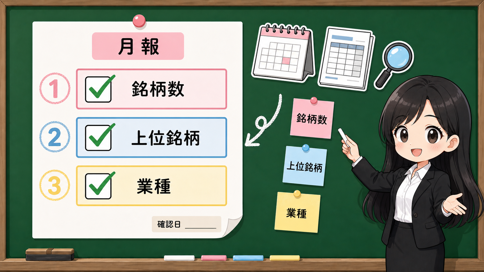 せかい先生が黒板で月報の銘柄数、上位銘柄、業種、確認日を順番に確認する図解