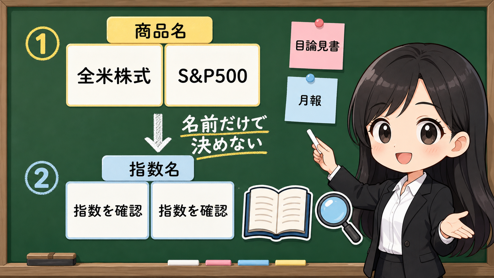 せかい先生が黒板で商品名と指数名を分け、名前だけで決めないことを説明する図解